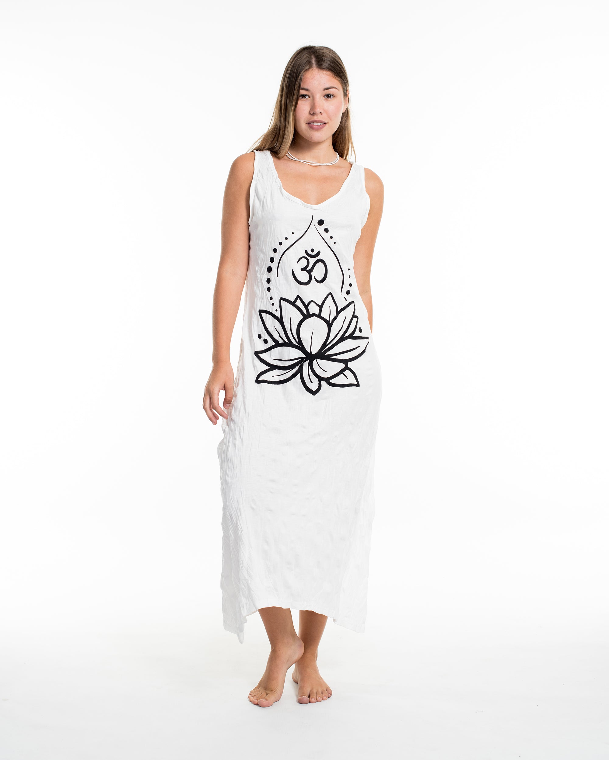 Sure Design Womens Lotus Om Long Tank Dress in White