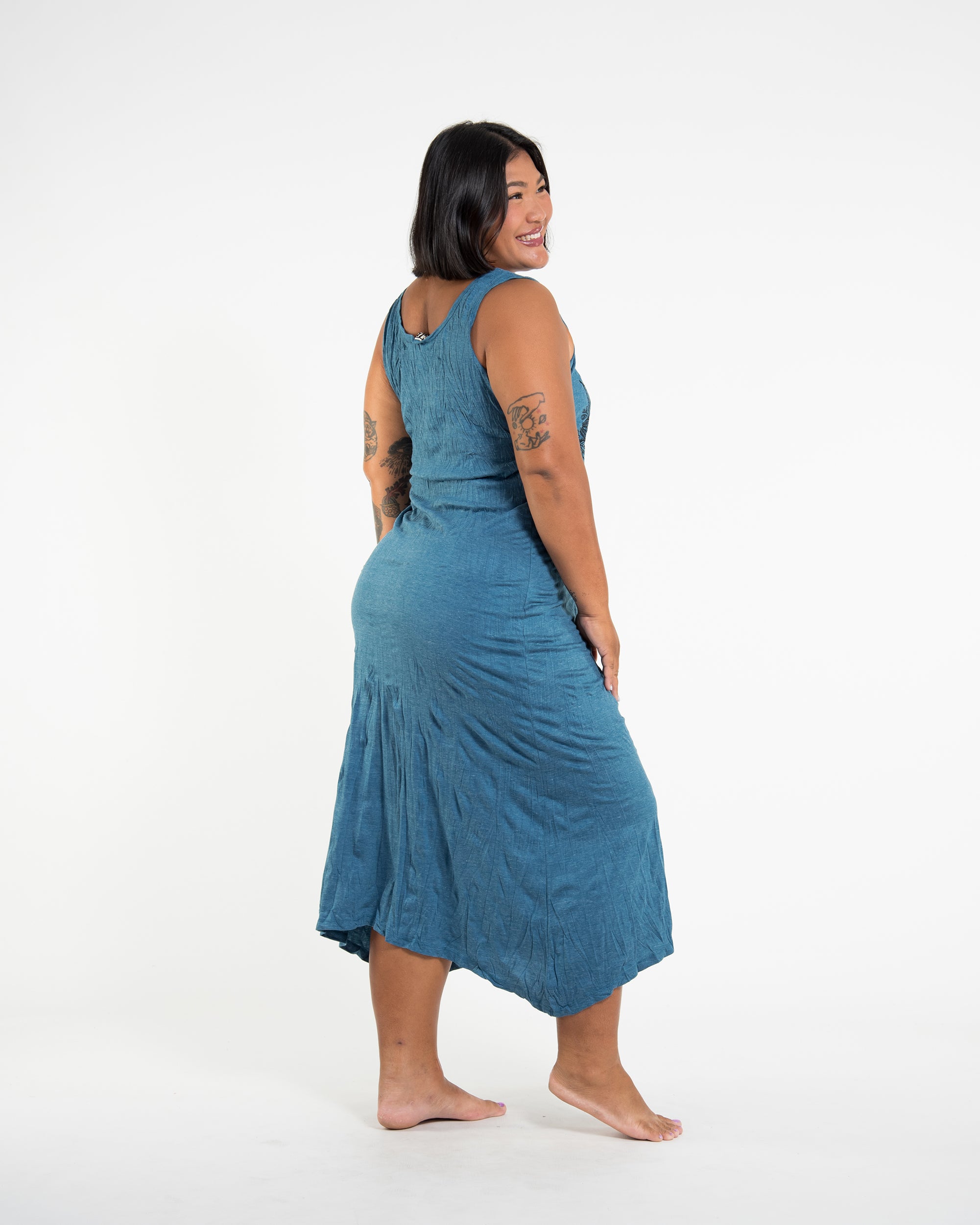 Sure Design Womens Lotus Mandala Long Tank Dress in Denim Blue L/XL