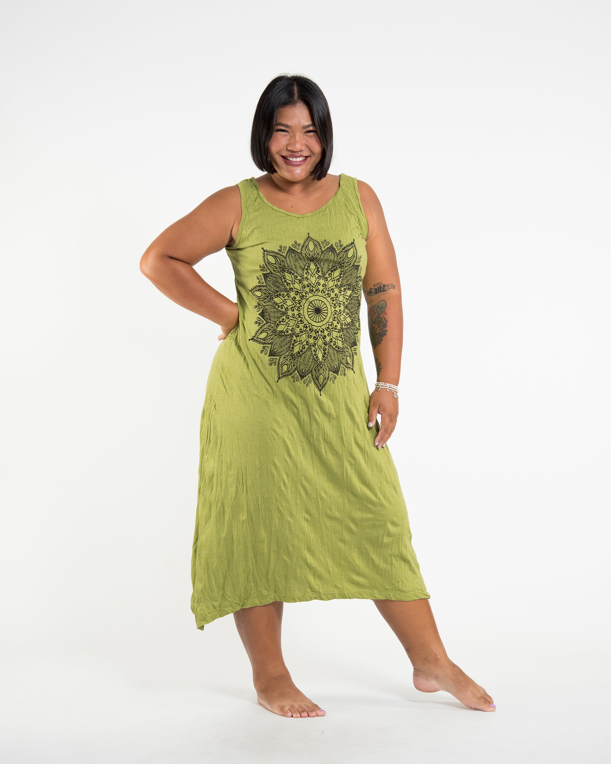 Sure Design Womens Lotus Mandala Long Tank Dress in Lime L/XL