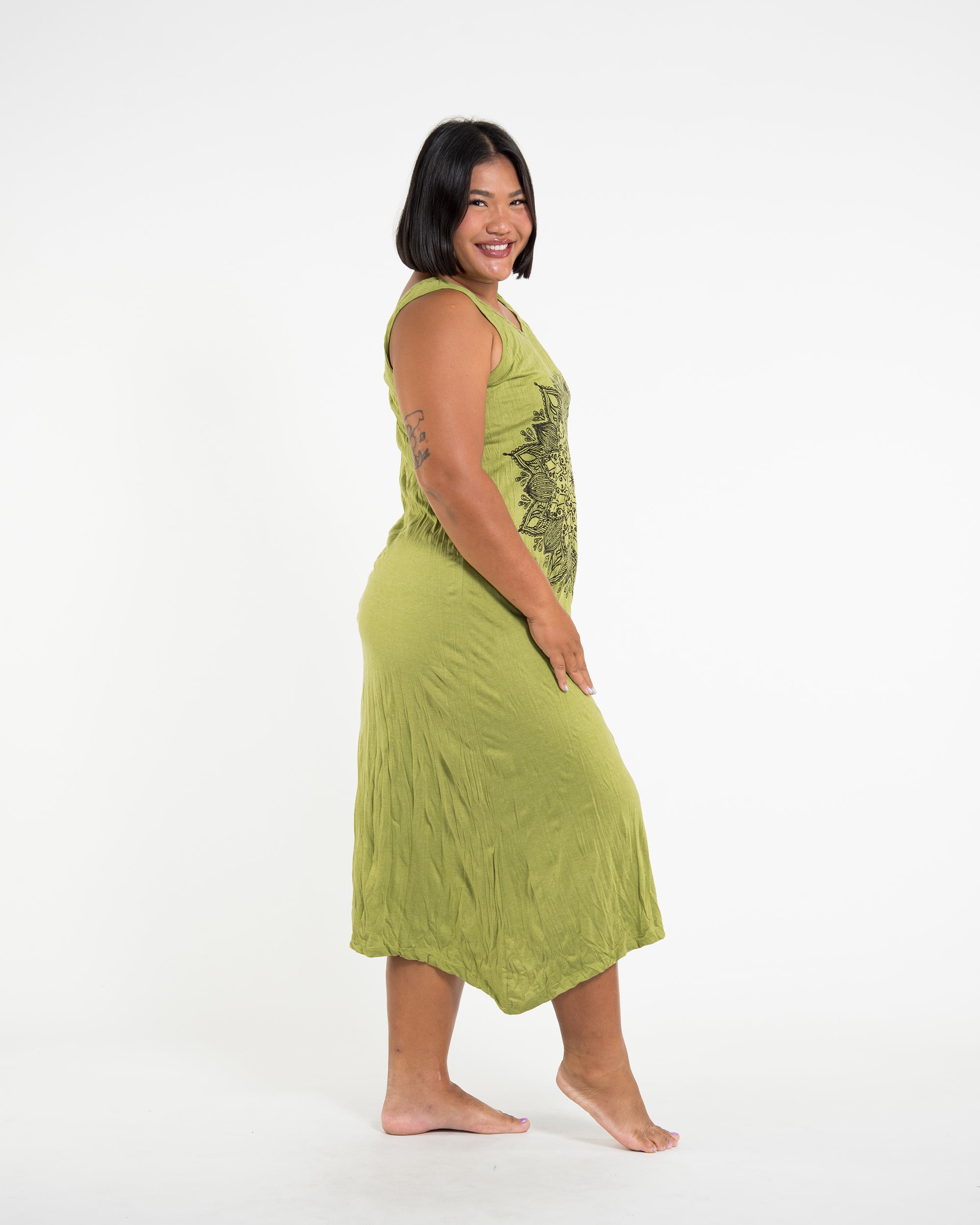 Sure Design Womens Lotus Mandala Long Tank Dress in Lime L/XL