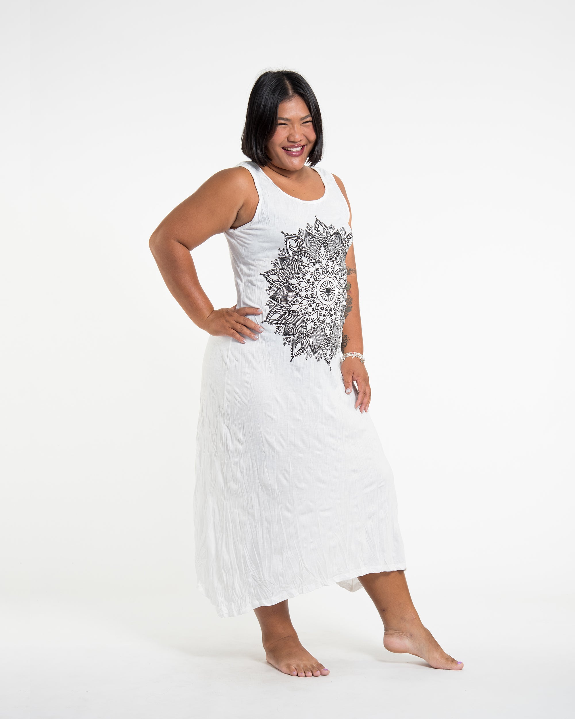 Sure Design Womens Lotus Mandala Long Tank Dress in White L/XL