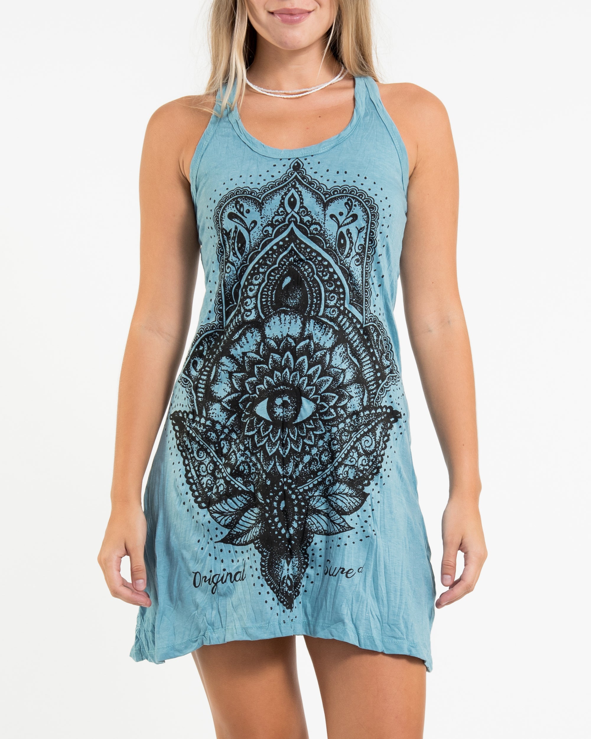 Sure Design Womens Hamsa Lotus Tank Dress in Turquoise