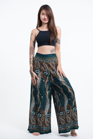 Paisley Feathers Palazzo Style Harem Pants in Green