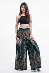 Paisley Feathers Palazzo Style Harem Pants in Green