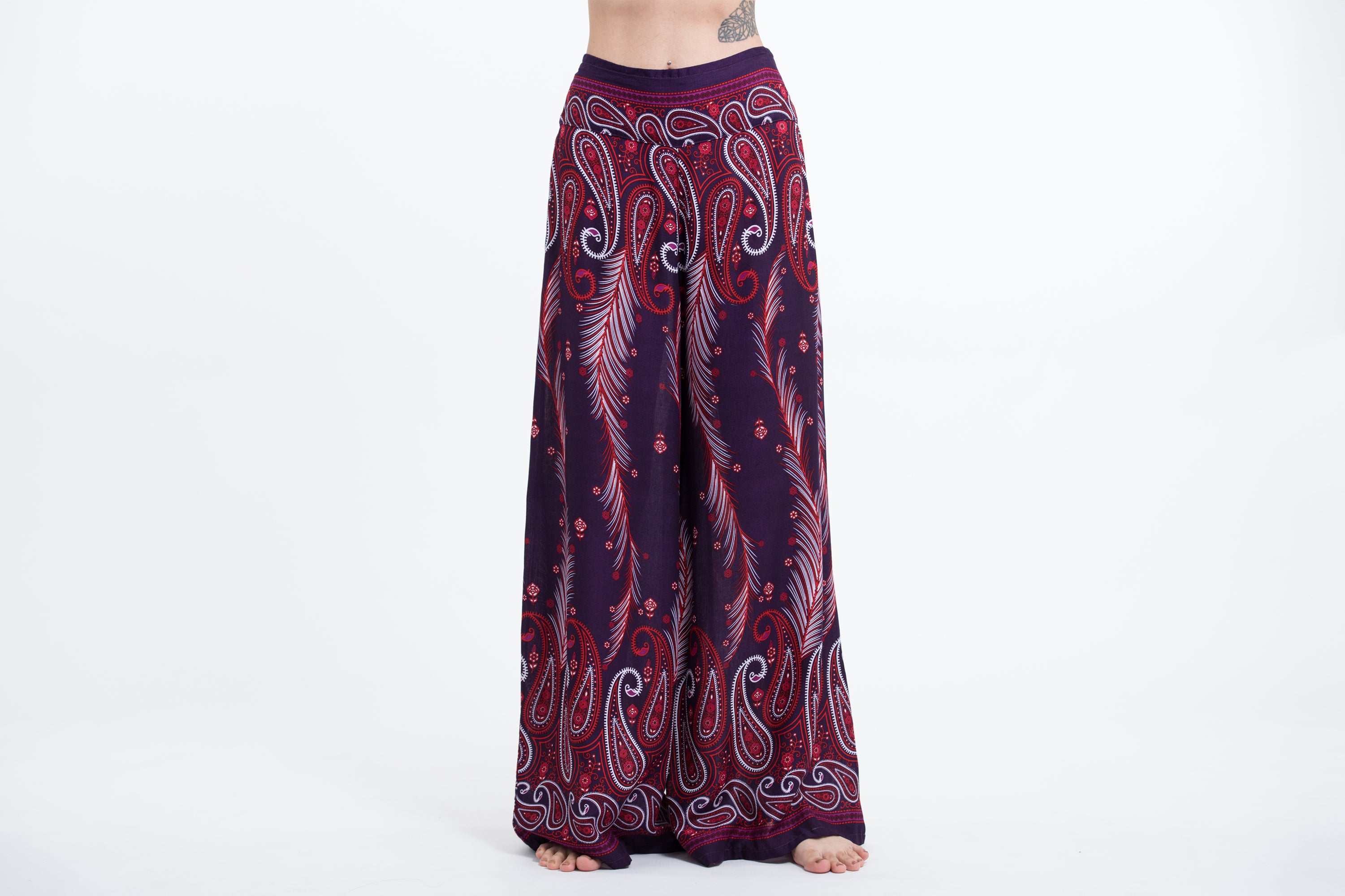 Paisley Feathers Palazzo Style Harem Pants in Purple