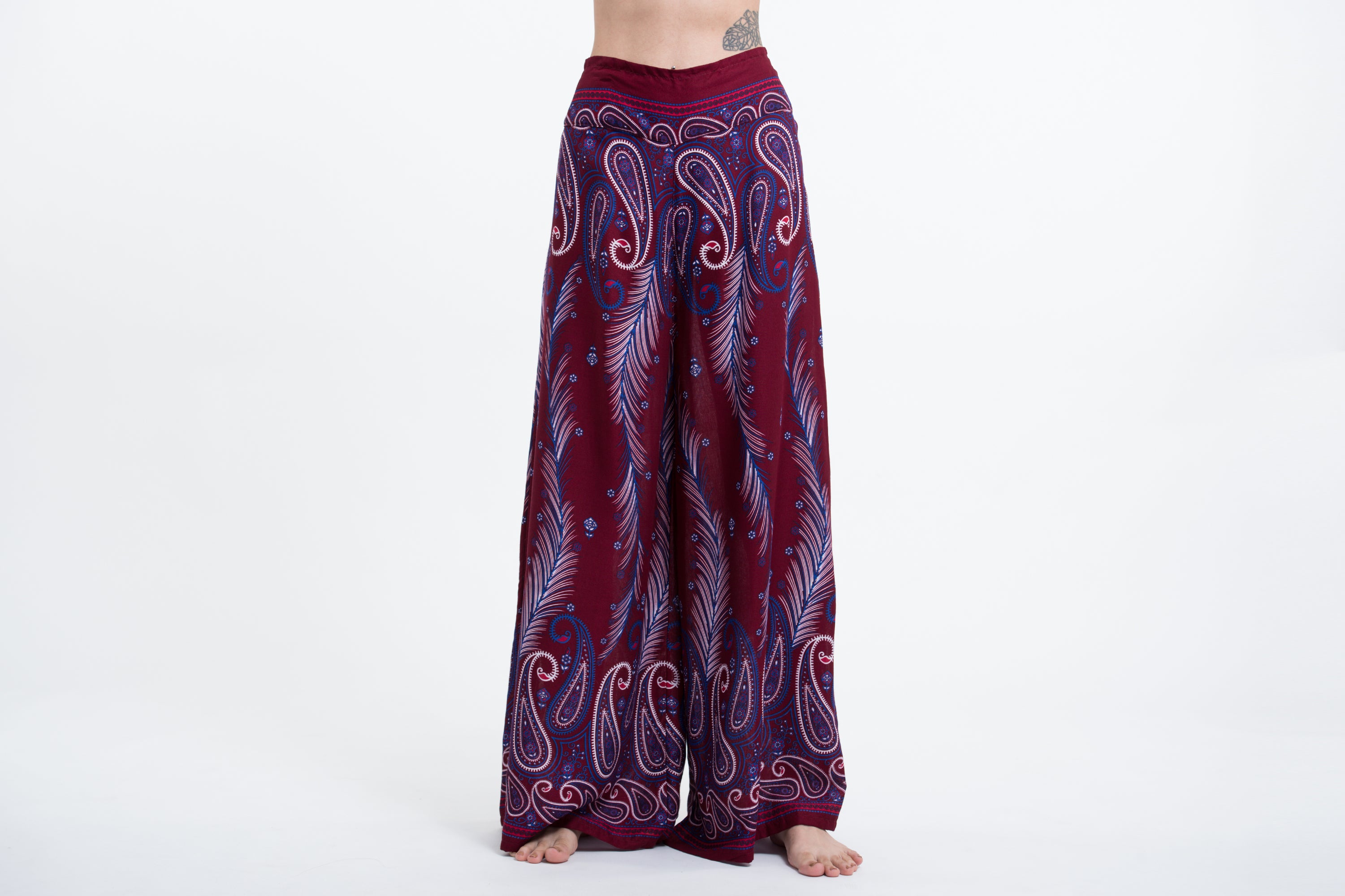 Paisley Feathers Palazzo Style Harem Pants in Red