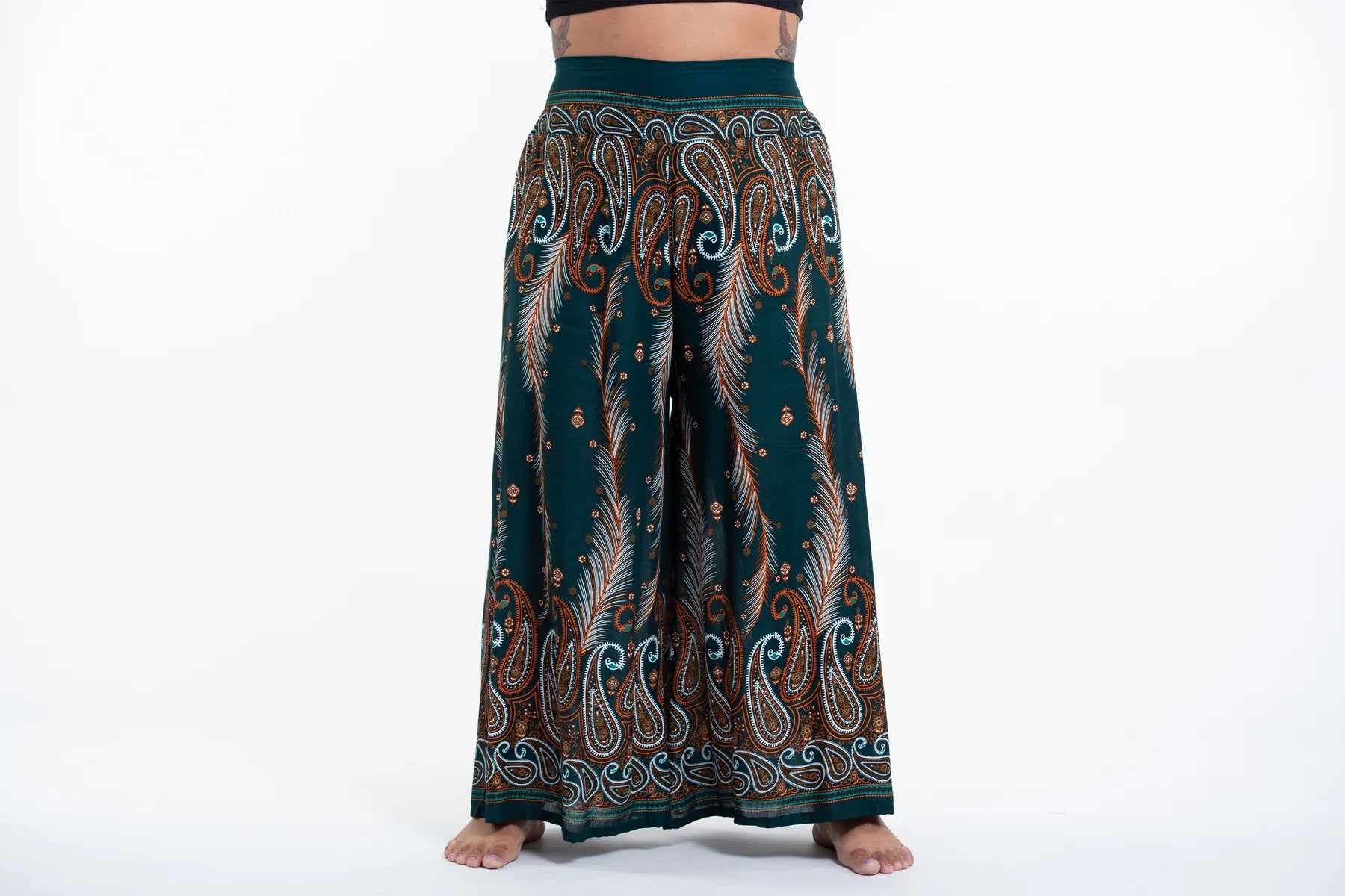 Plus Size Paisley Feathers Palazzo Style Harem Pants in Green