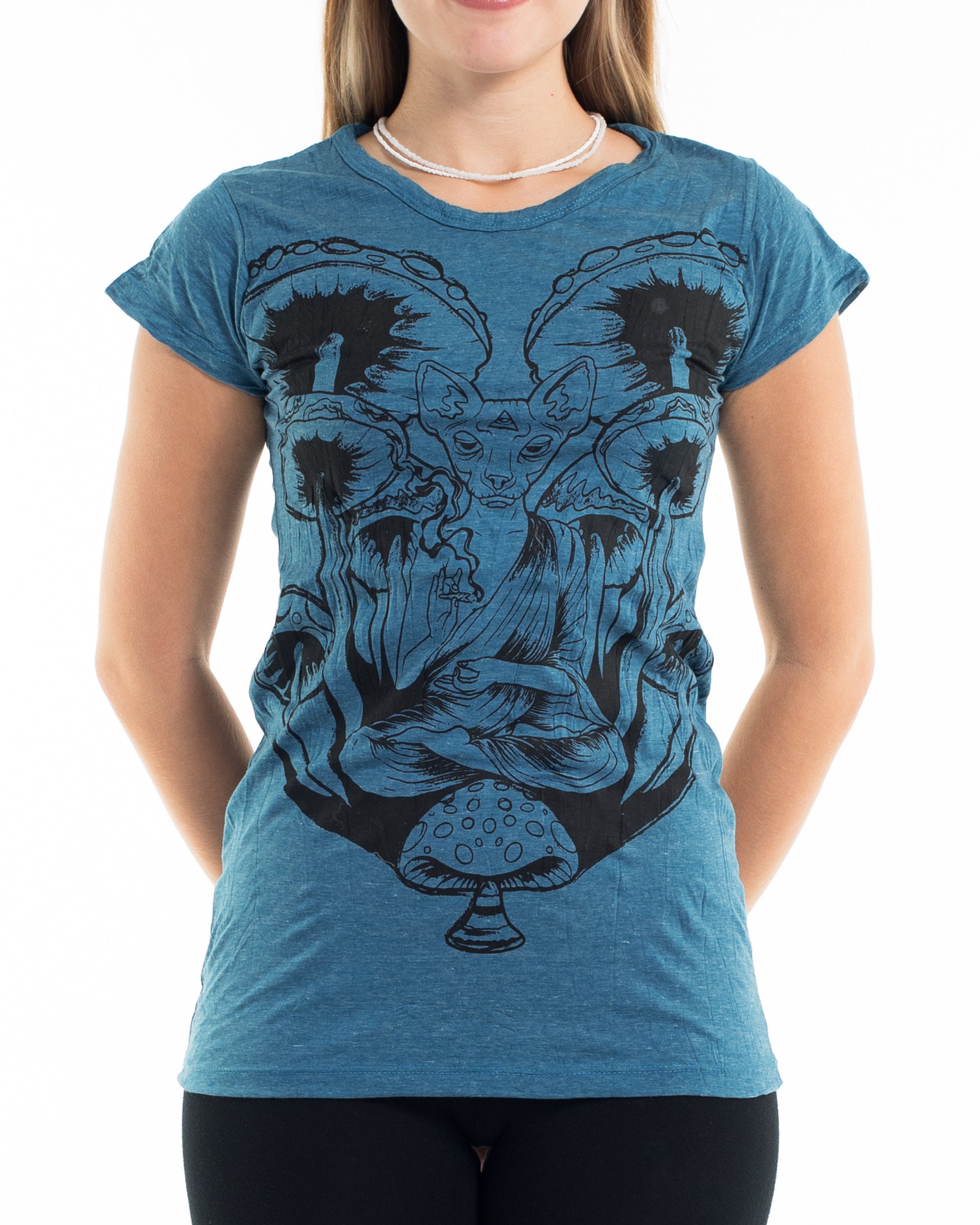 Sure Design Women's Spiritual Shroom Cat T-Shirt Denim Blue