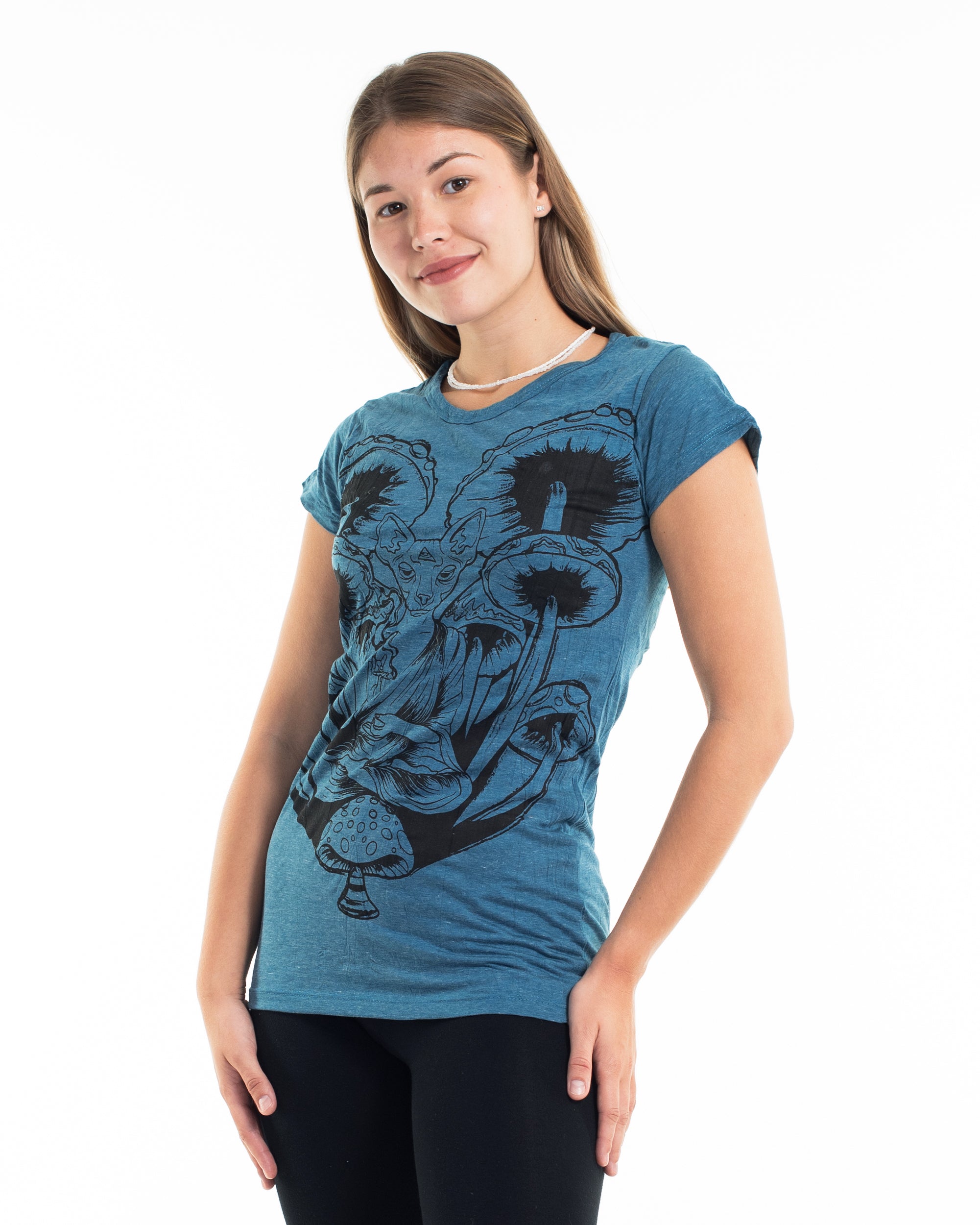Sure Design Women's Spiritual Shroom Cat T-Shirt Denim Blue