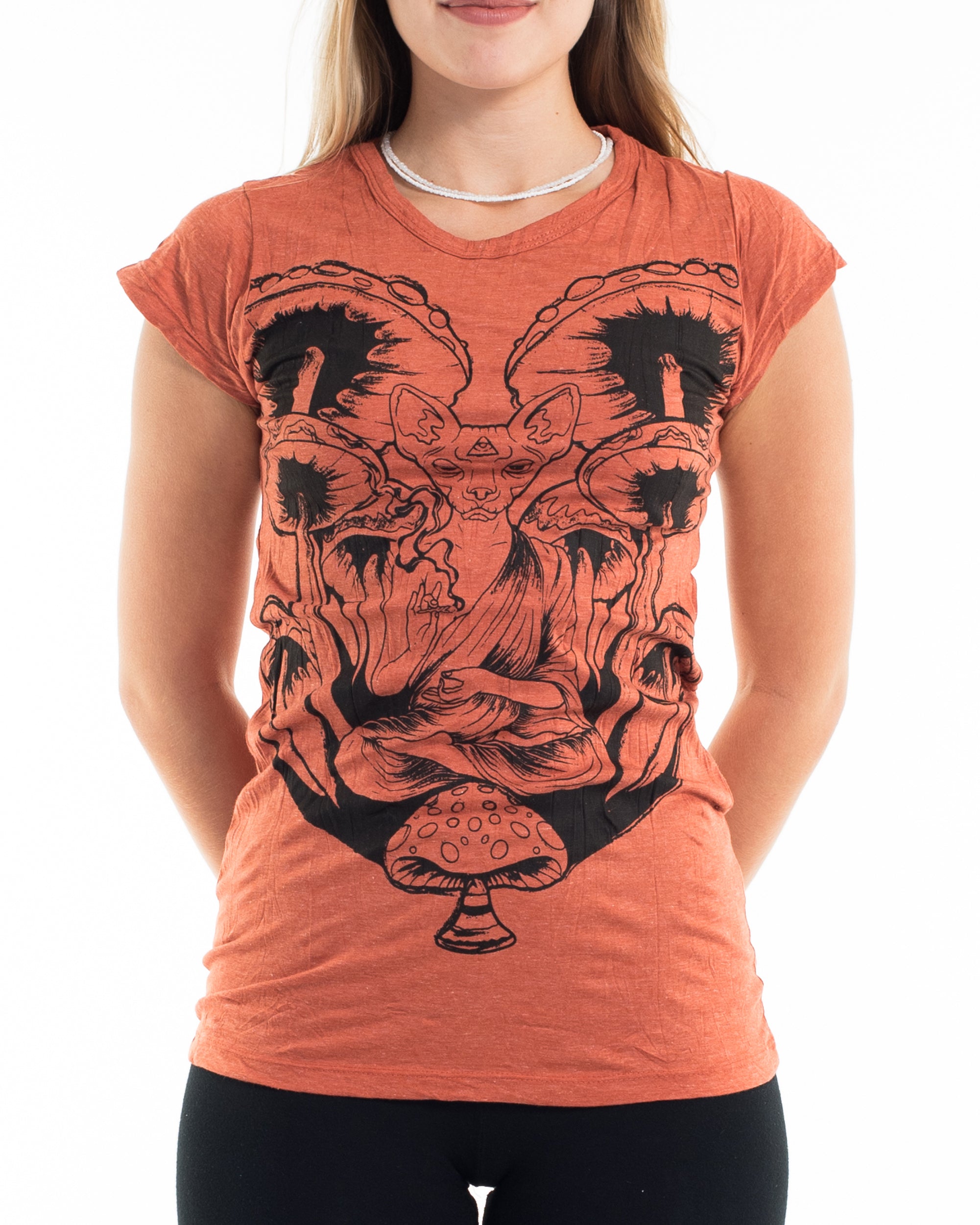Sure Design Women's Spiritual Shroom Cat T-Shirt Orange