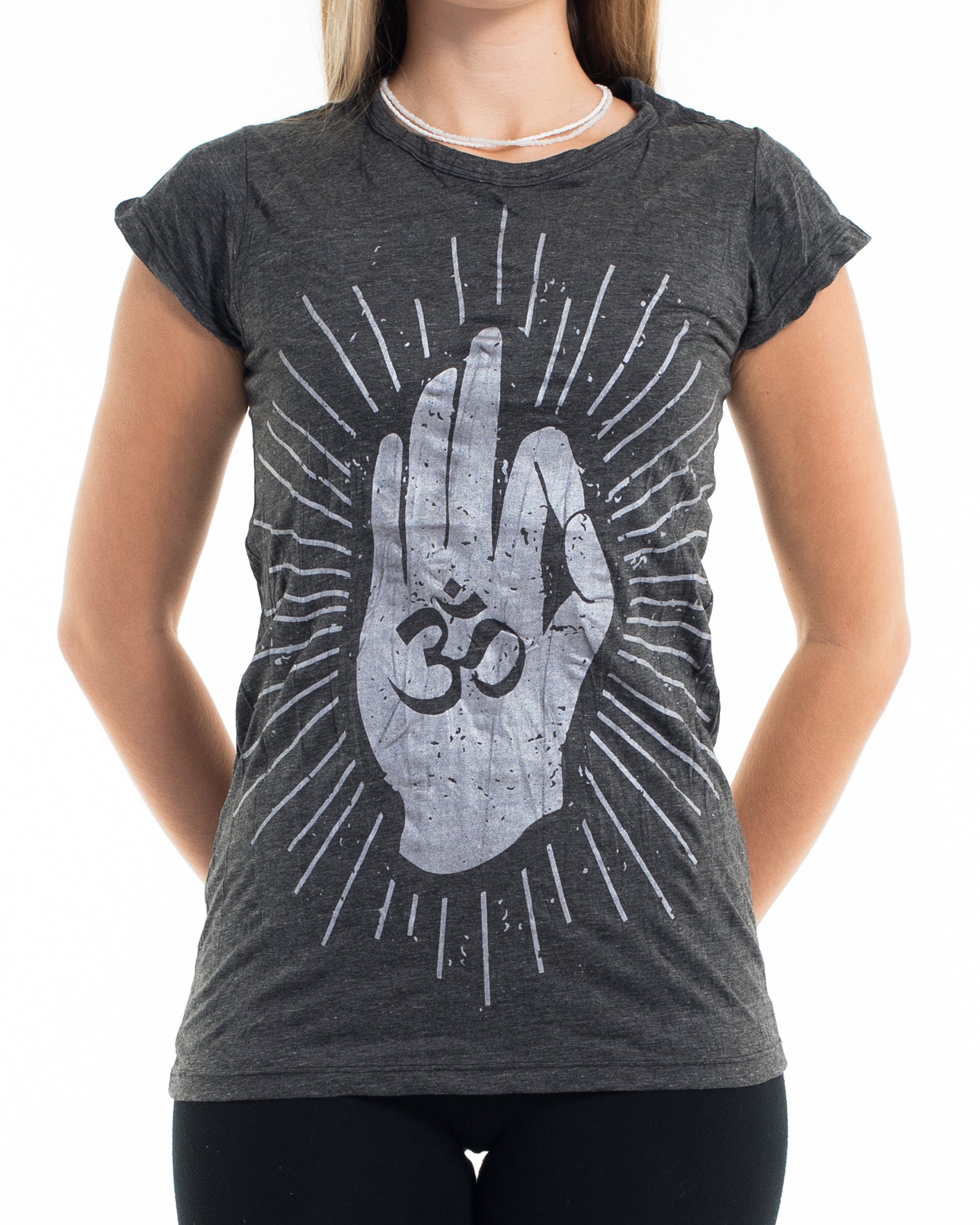 Sure Design Women's Hand of Om T-Shirt Silver on Black