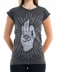 Sure Design Women's Hand of Om T-Shirt Silver on Black