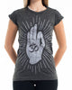 Sure Design Women's Hand of Om T-Shirt Silver on Black