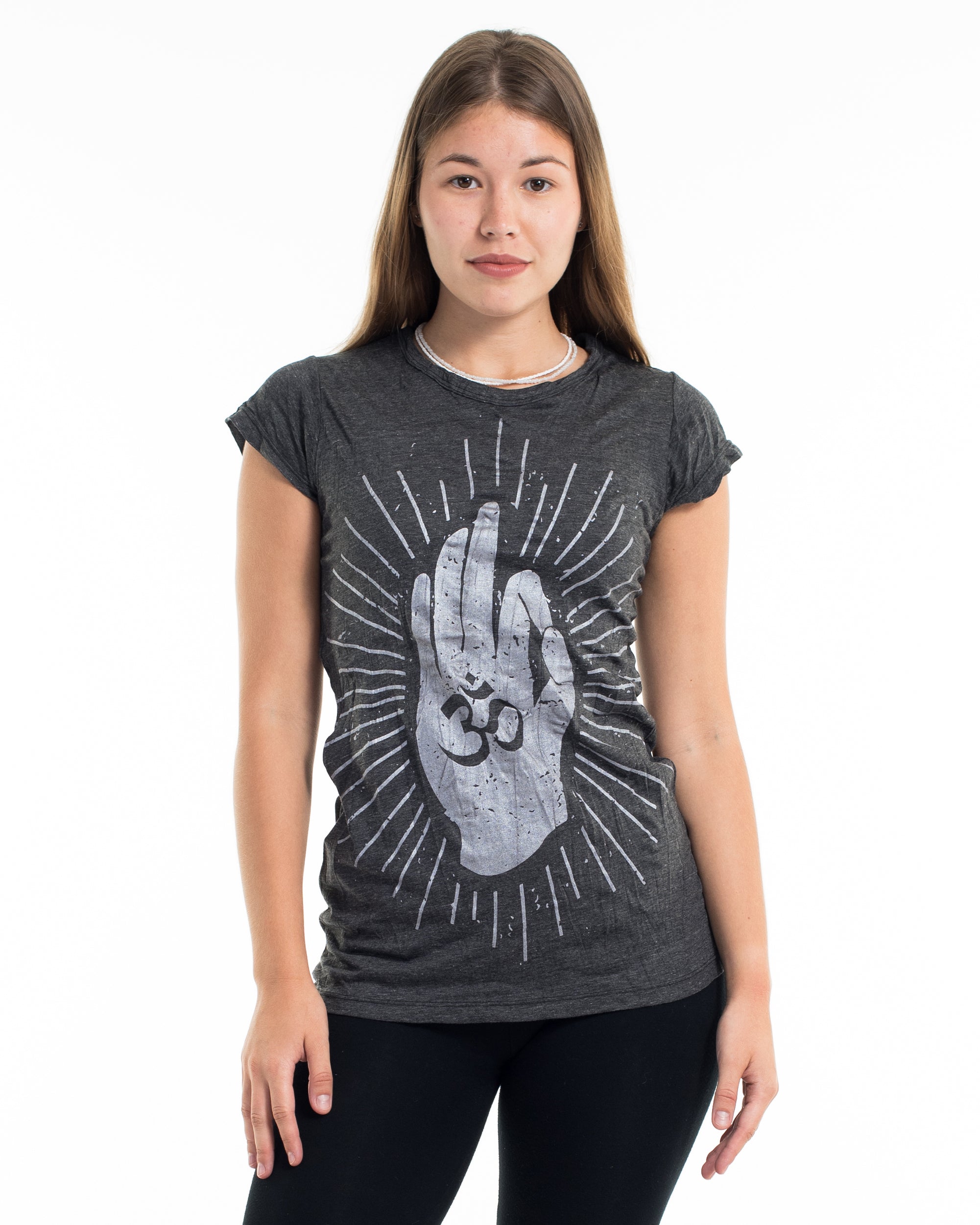 Sure Design Women's Hand of Om T-Shirt Silver on Black