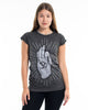 Sure Design Women's Hand of Om T-Shirt Silver on Black