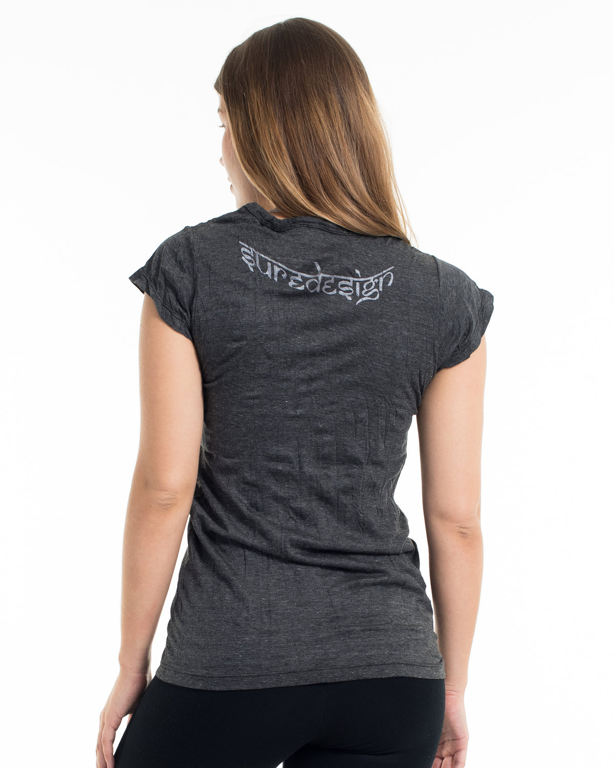 Sure Design Women's Hand of Om T-Shirt Silver on Black