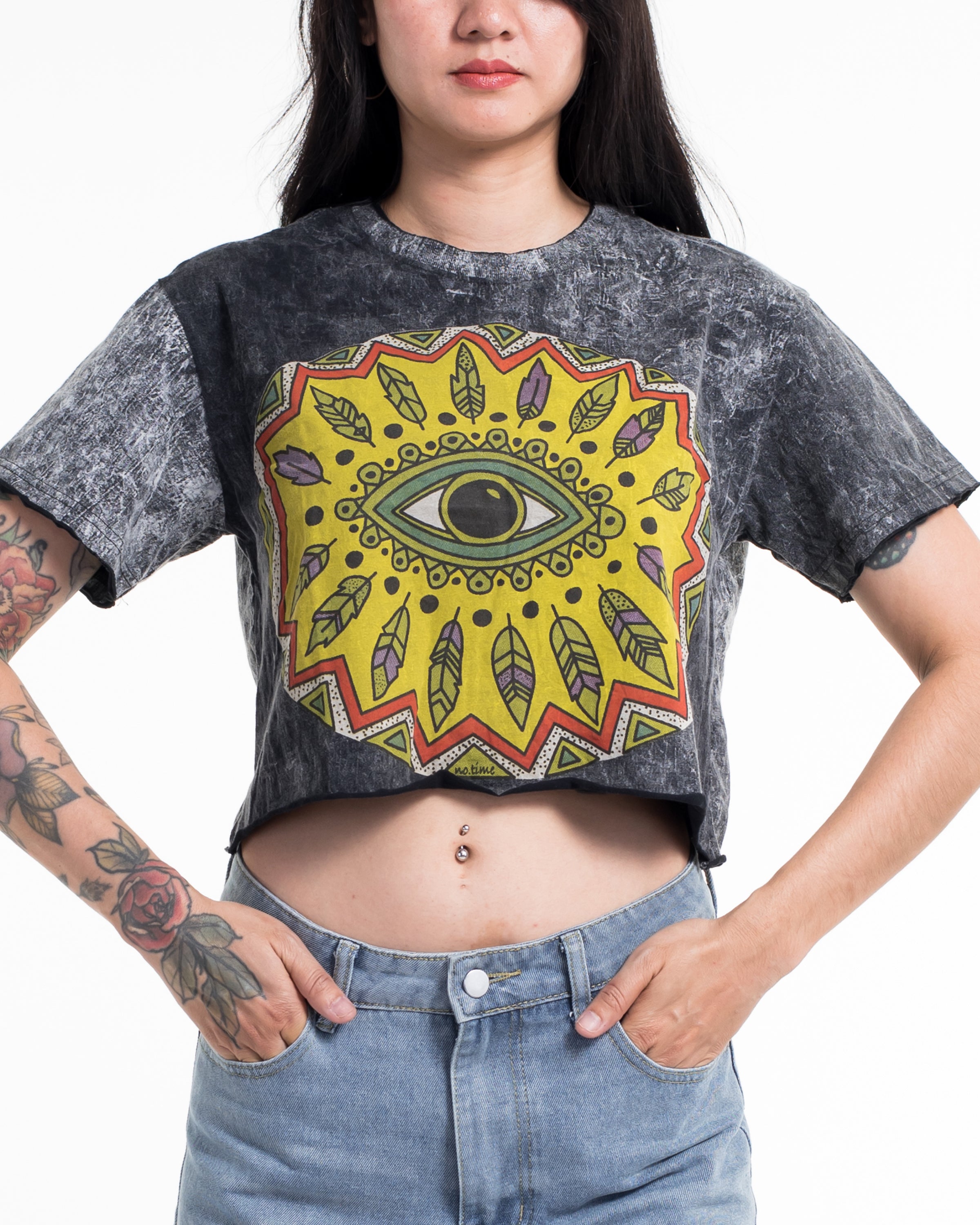 All-Seeing Eye Stonewash Cotton Crop T-Shirt in Black