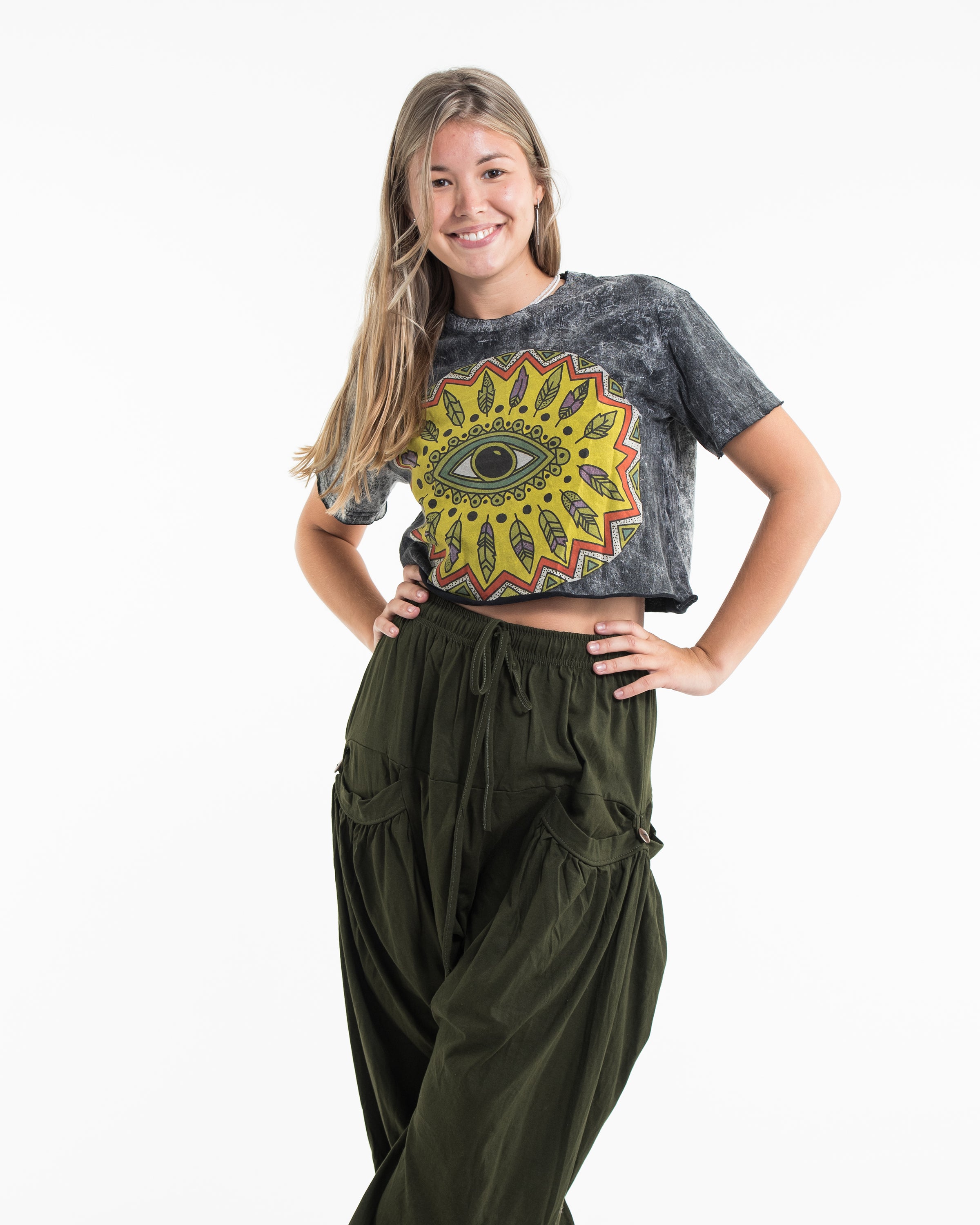 All-Seeing Eye Stonewash Cotton Crop T-Shirt in Black