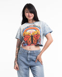 Wholesale Positive Vibes Butterfly Stonewash Cotton Crop T-Shirt in Blue - $11.00