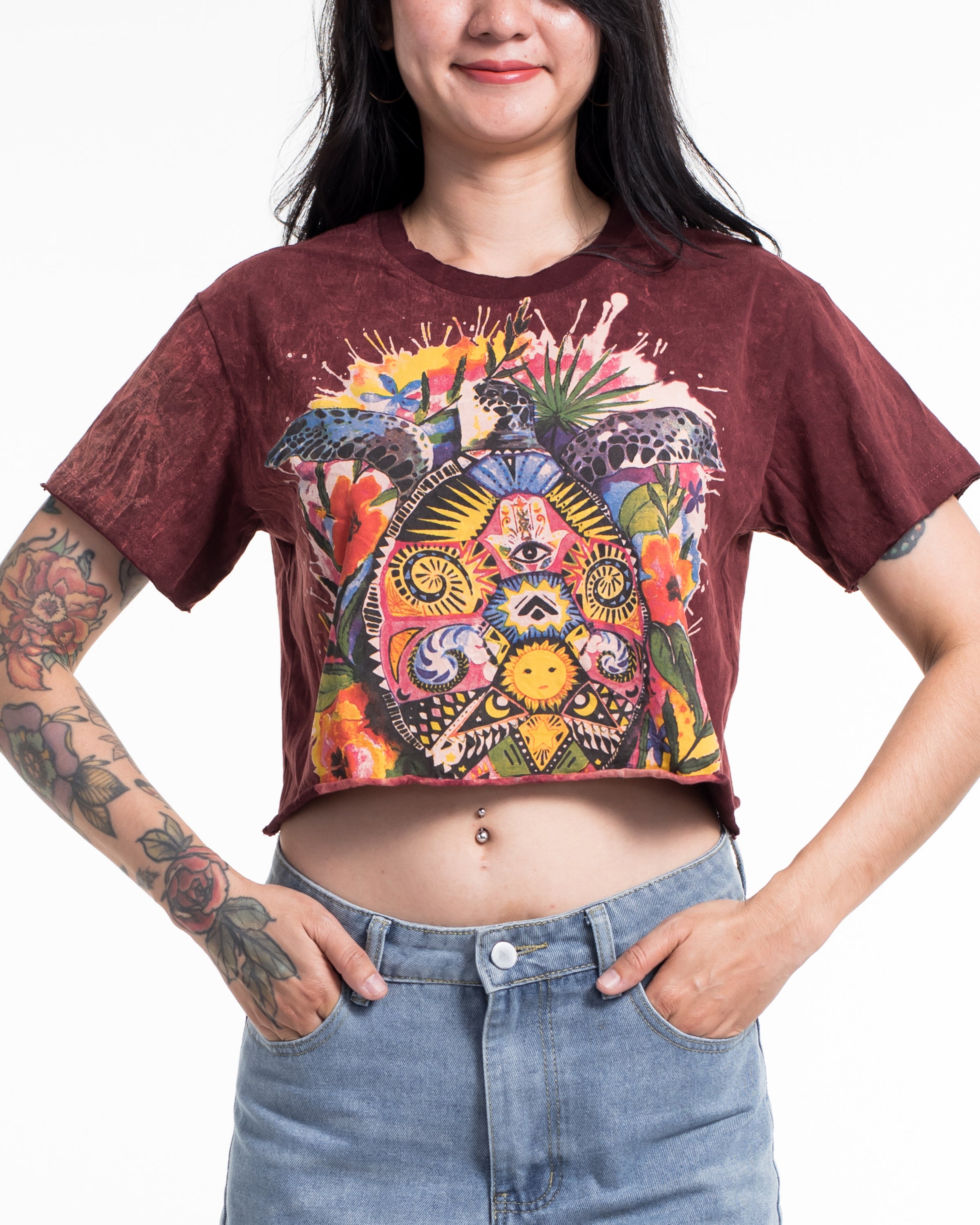Sacred Turtle Spirit Stonewash Cotton Crop T-Shirt in Red