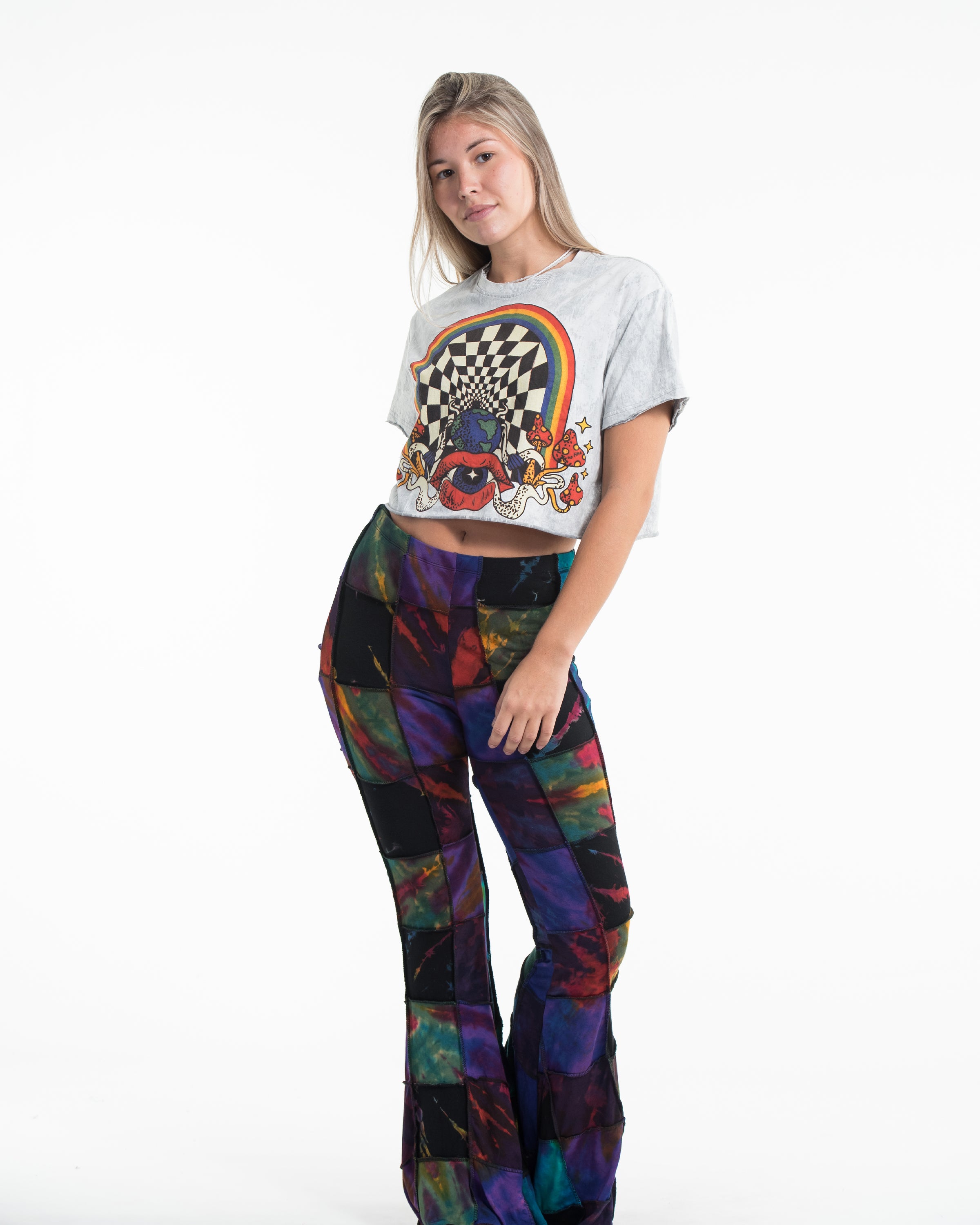 Psychedelic Eye Portal Stonewash Cotton Crop T-Shirt in Gray