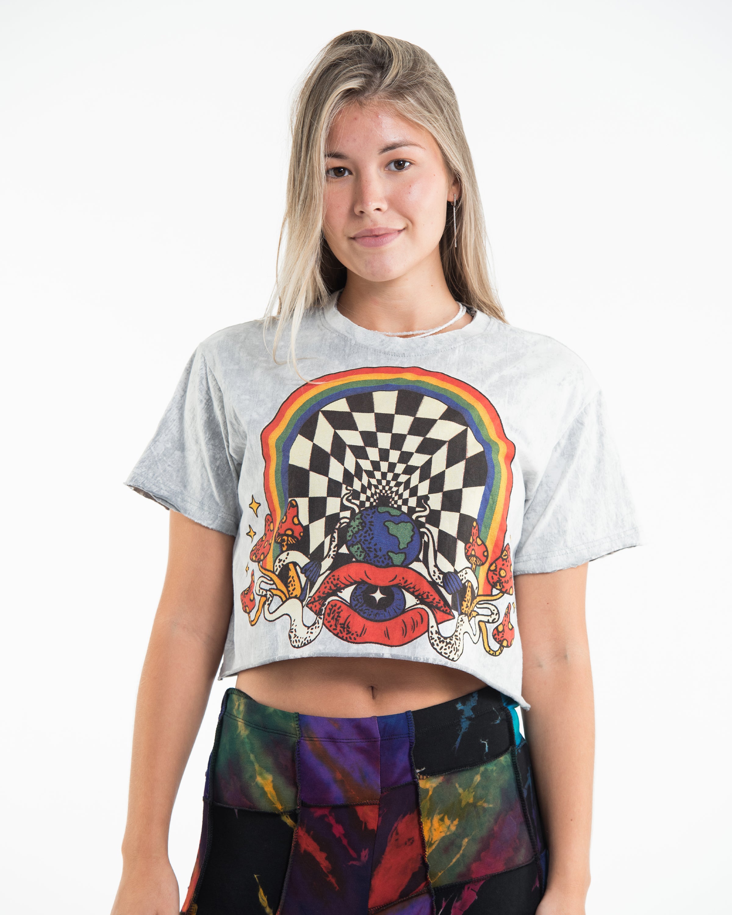 Psychedelic Eye Portal Stonewash Cotton Crop T-Shirt in Gray