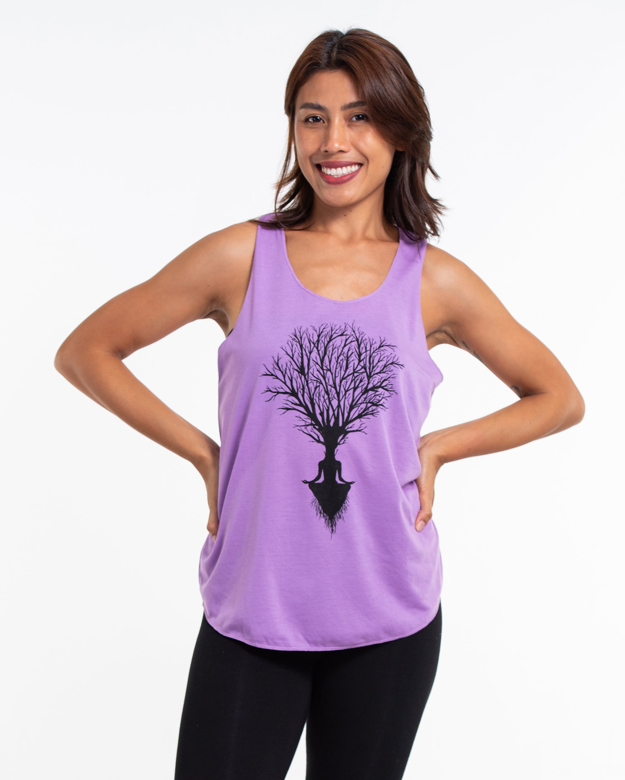 Super Soft Cotton Womens Meditation Tree Tank Top in Violet