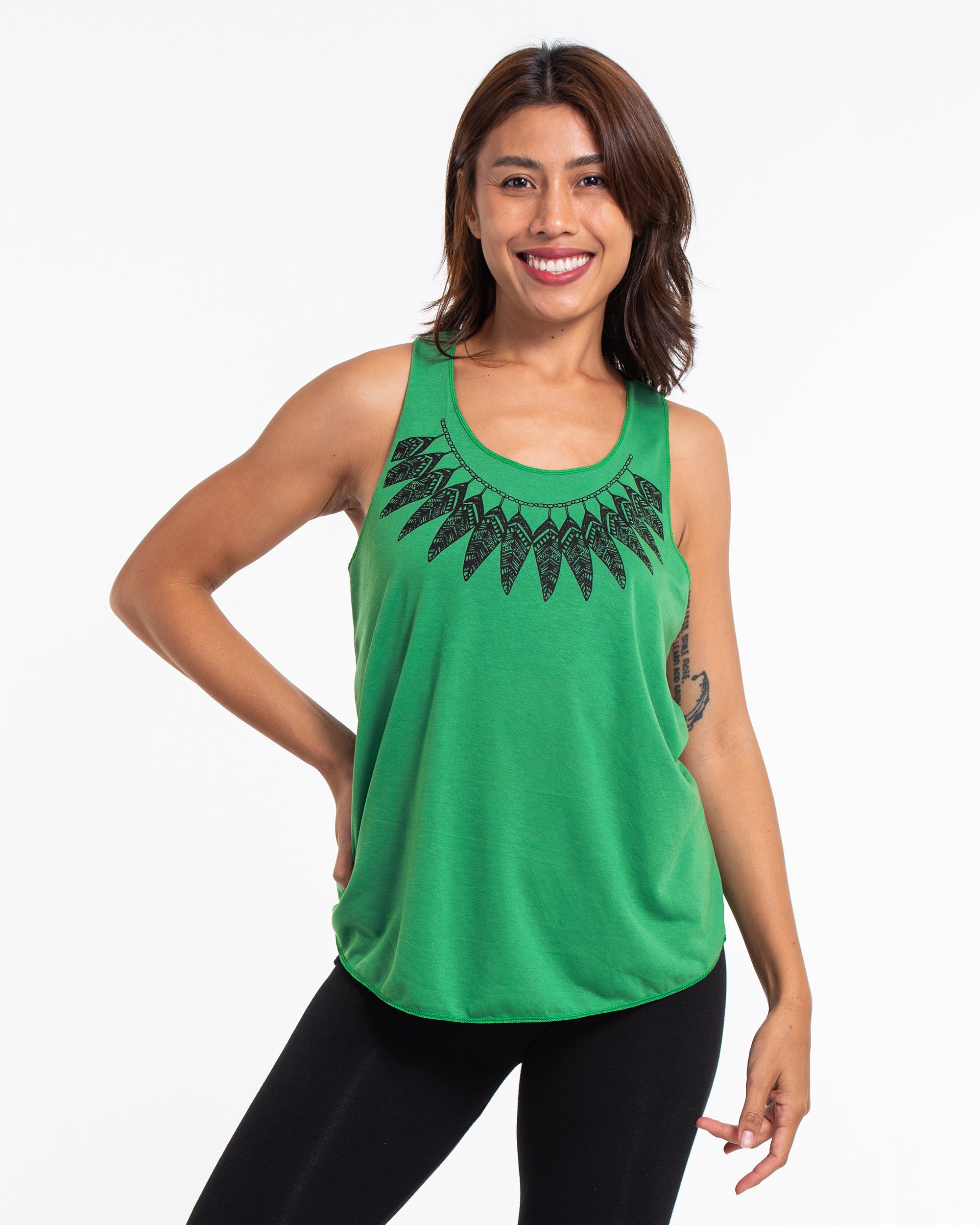 Super Soft Cotton Womens Feather Necklace Tank Top in Green