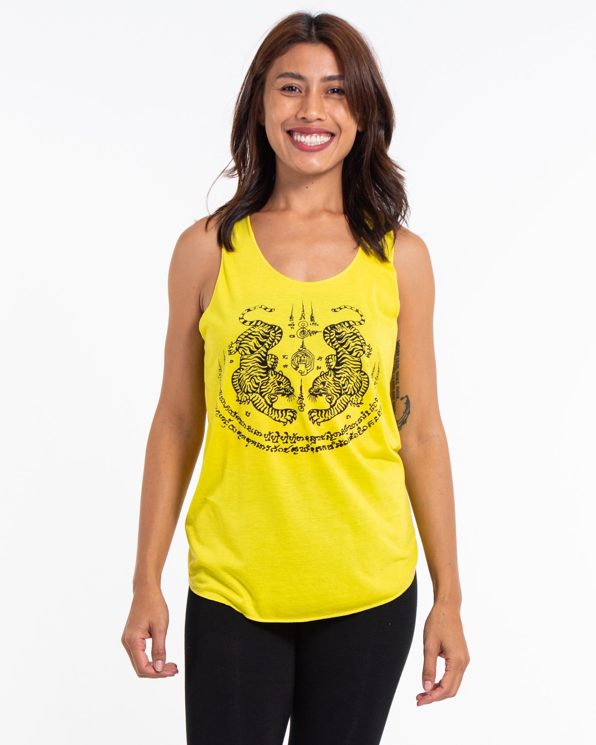 Super Soft Cotton Womens Tiger Tattoo Tank Top in Yellow