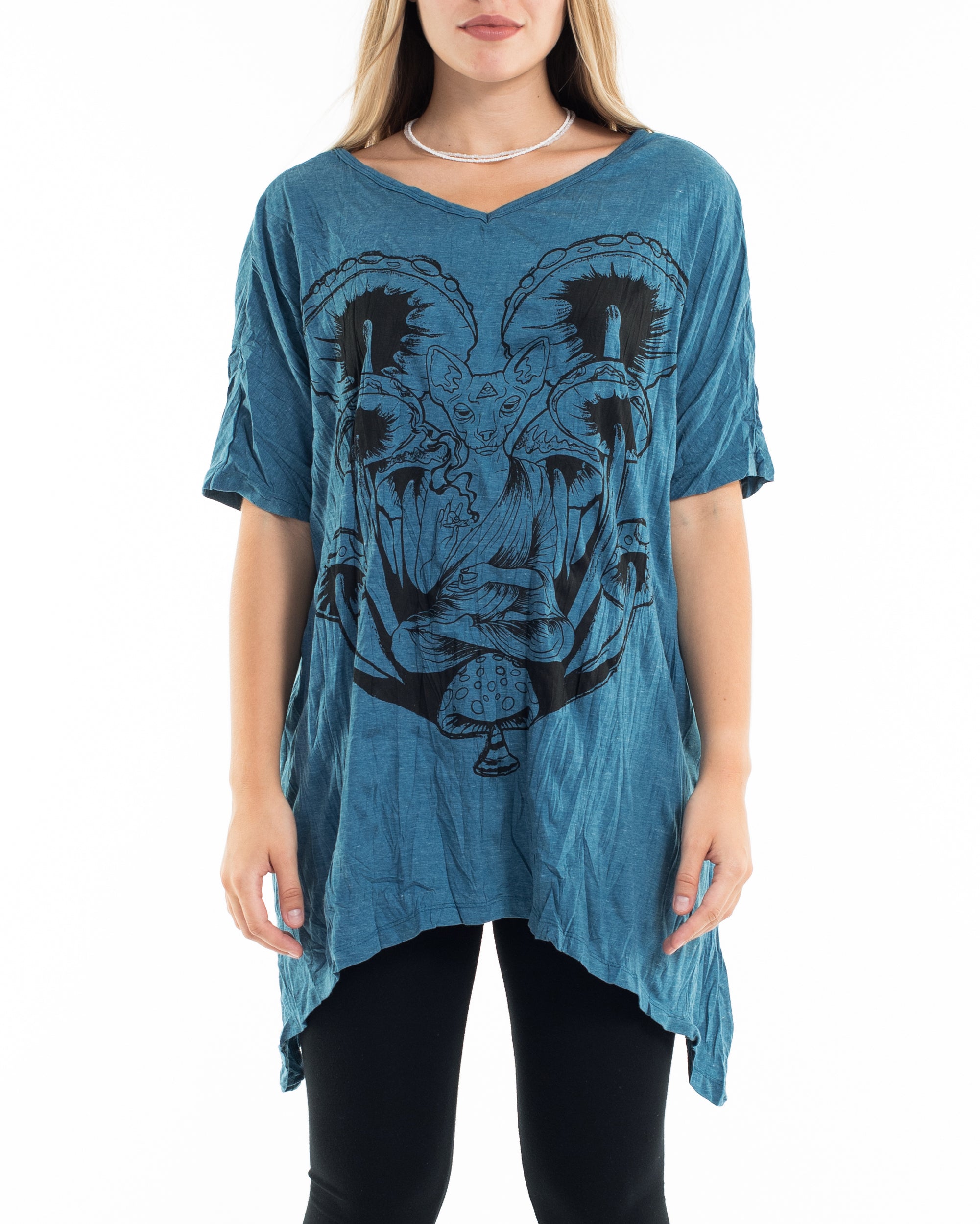 Sure Design Women's Spiritual Shroom Cat Loose V Neck T-Shirt in Denim Blue