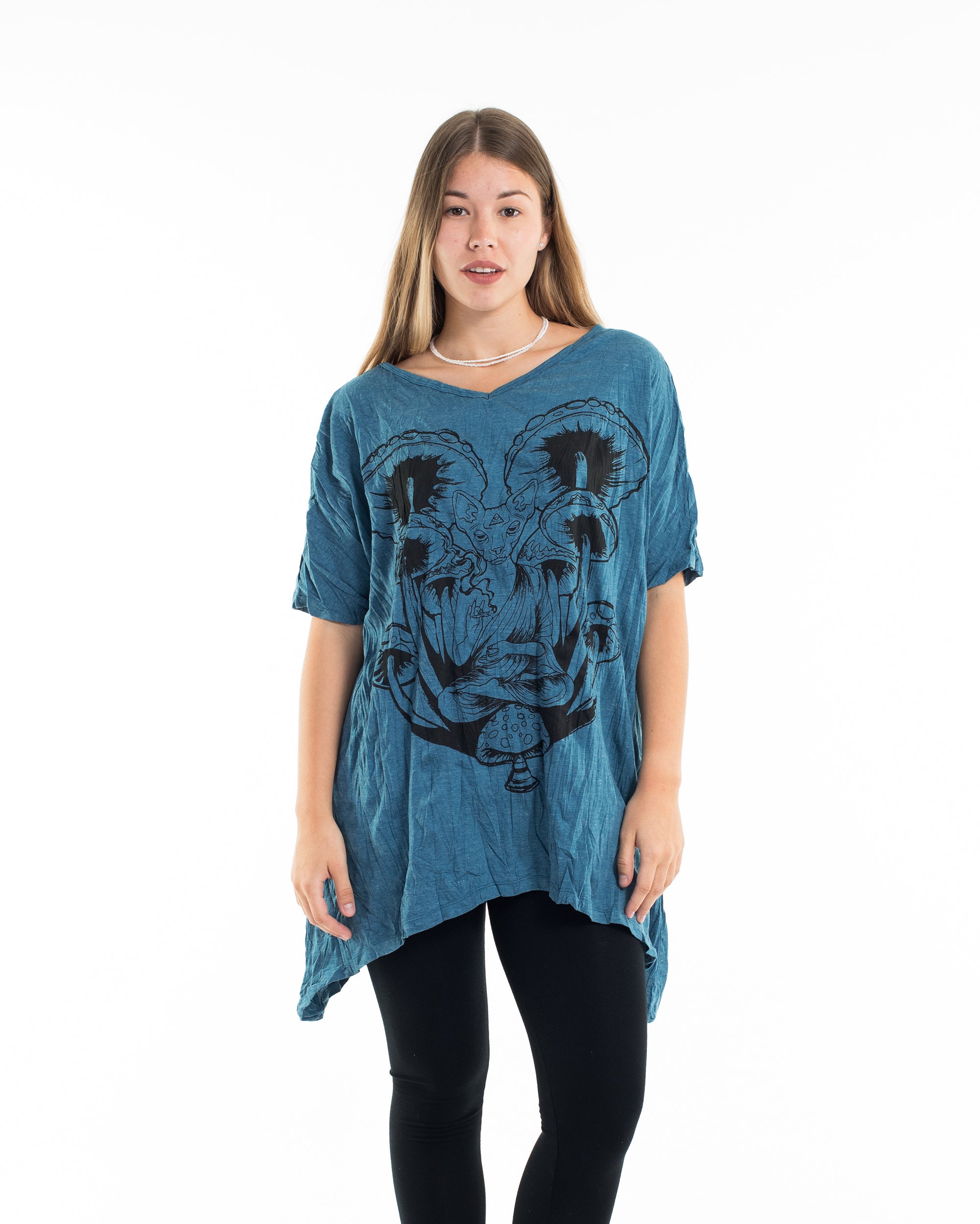 Sure Design Women's Spiritual Shroom Cat Loose V Neck T-Shirt in Denim Blue