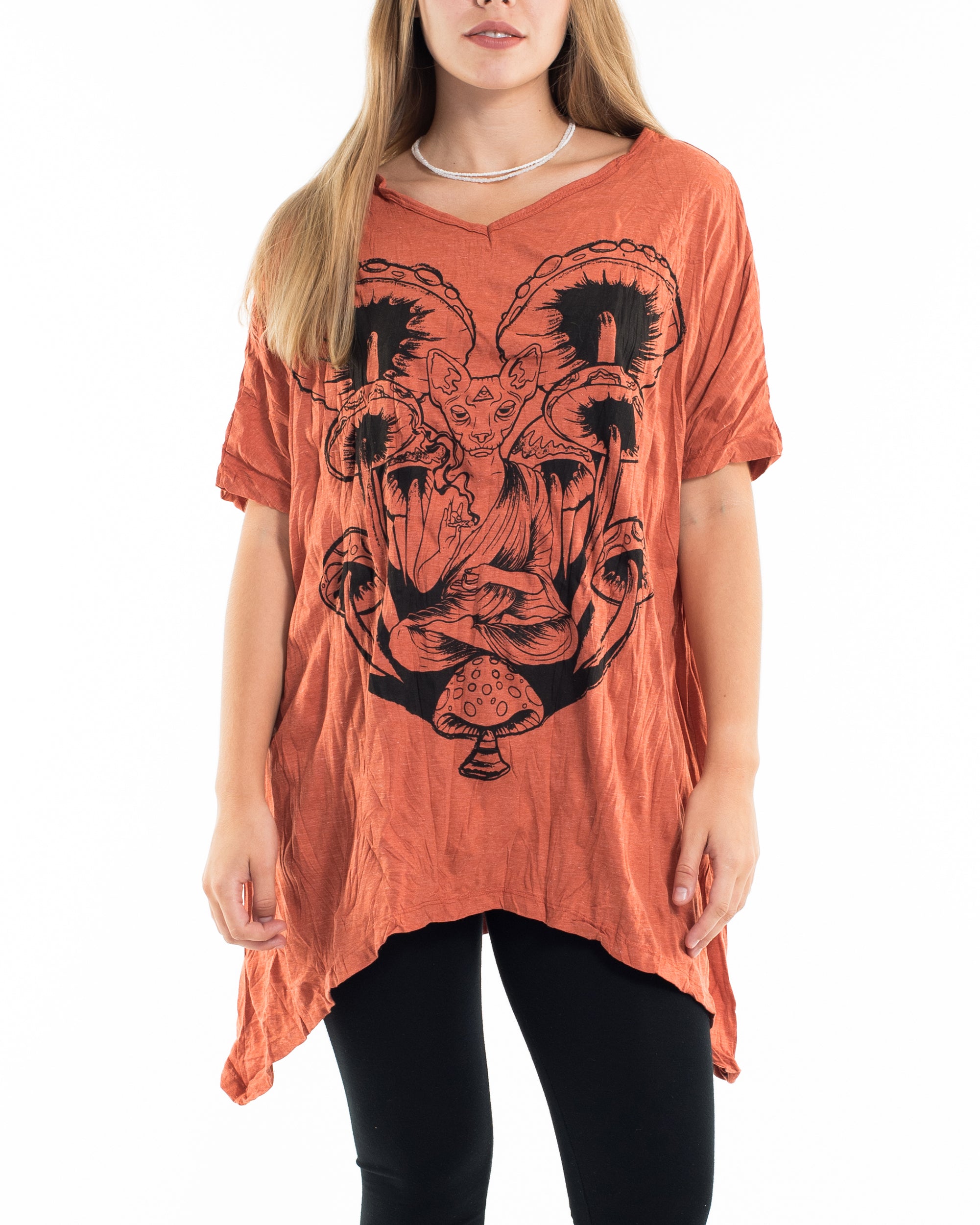 Sure Design Women's Spiritual Shroom Cat Loose V Neck T-Shirt in Orange