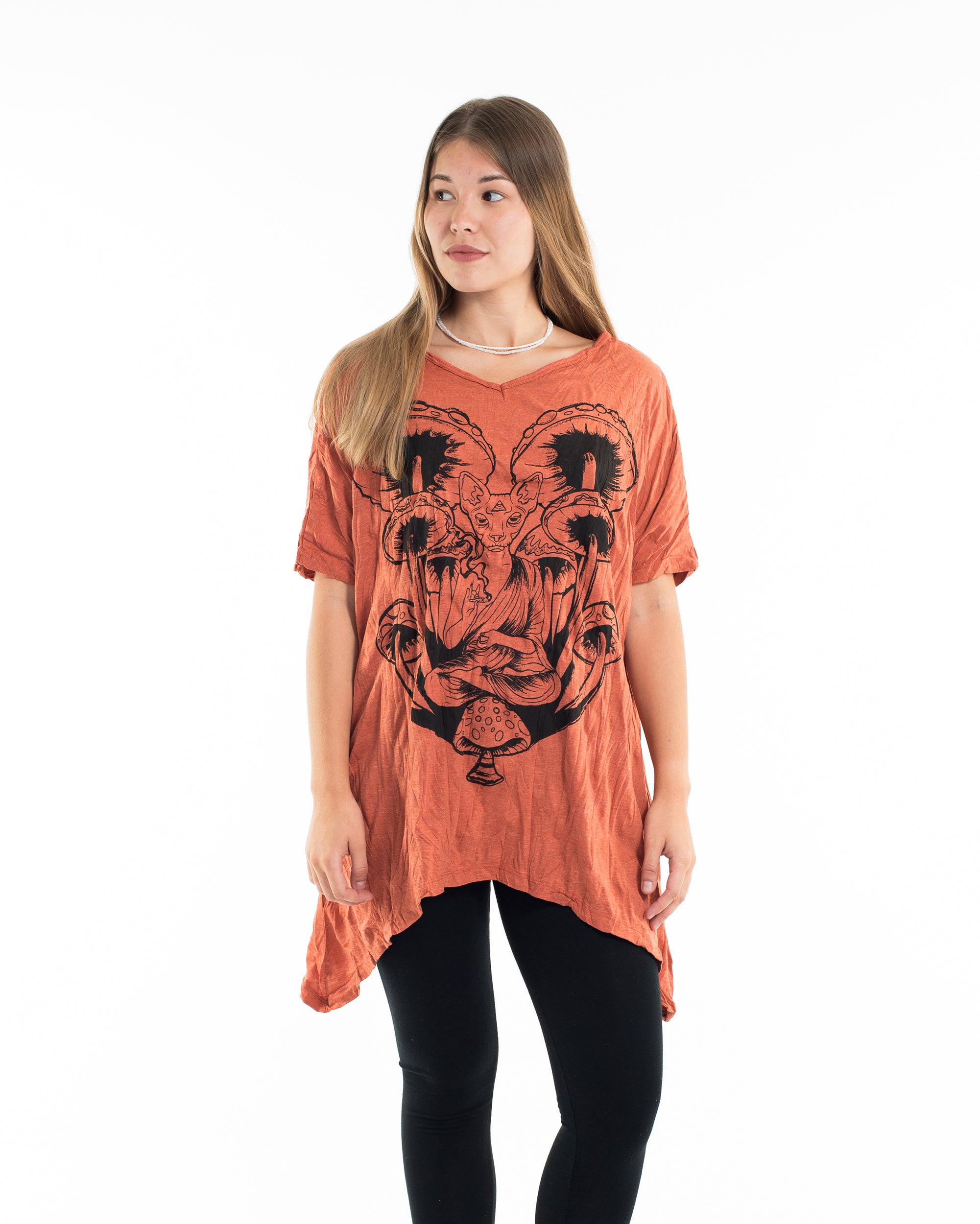 Sure Design Women's Spiritual Shroom Cat Loose V Neck T-Shirt in Orange
