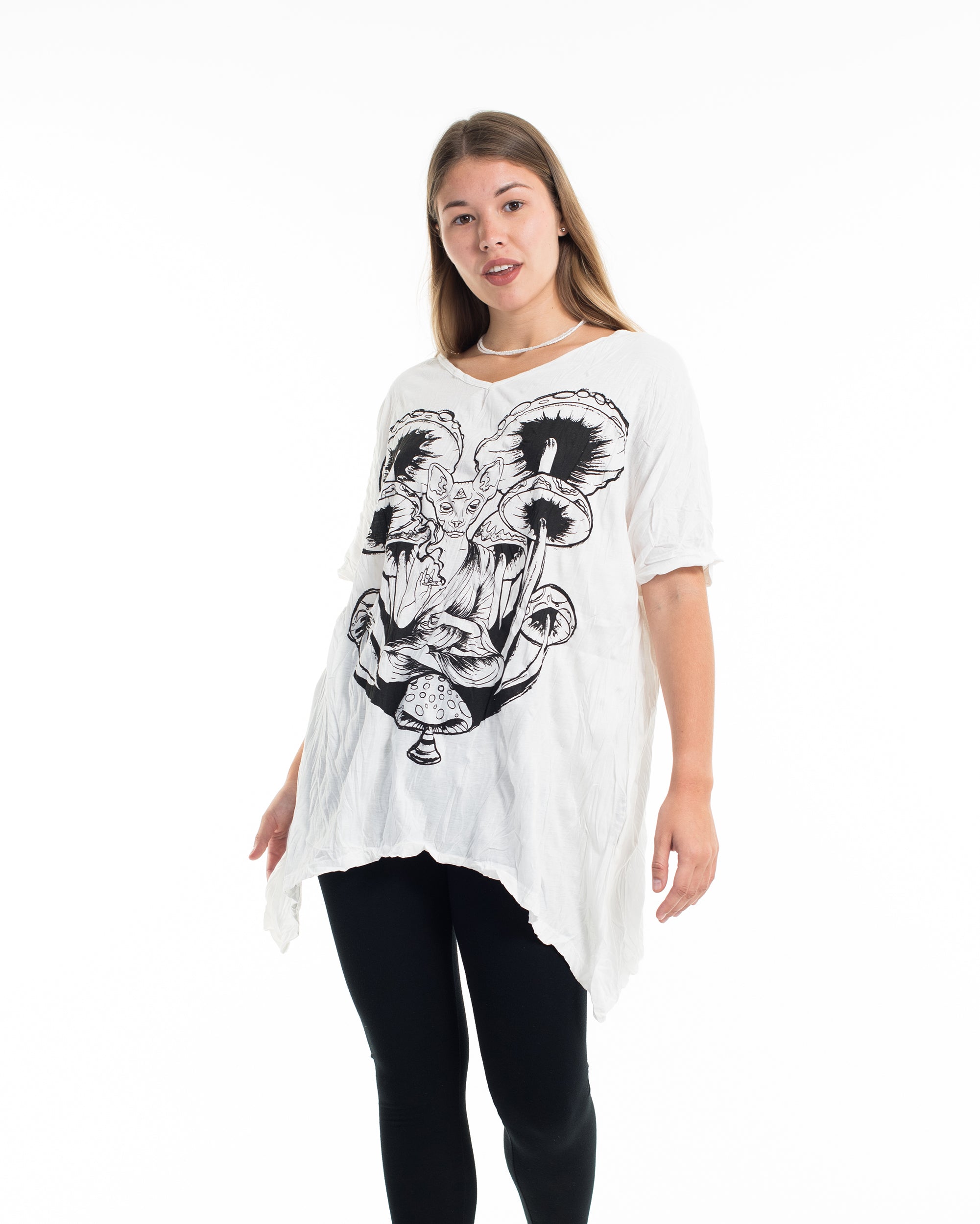 Sure Design Women's Spiritual Shroom Cat Loose V Neck T-Shirt in White