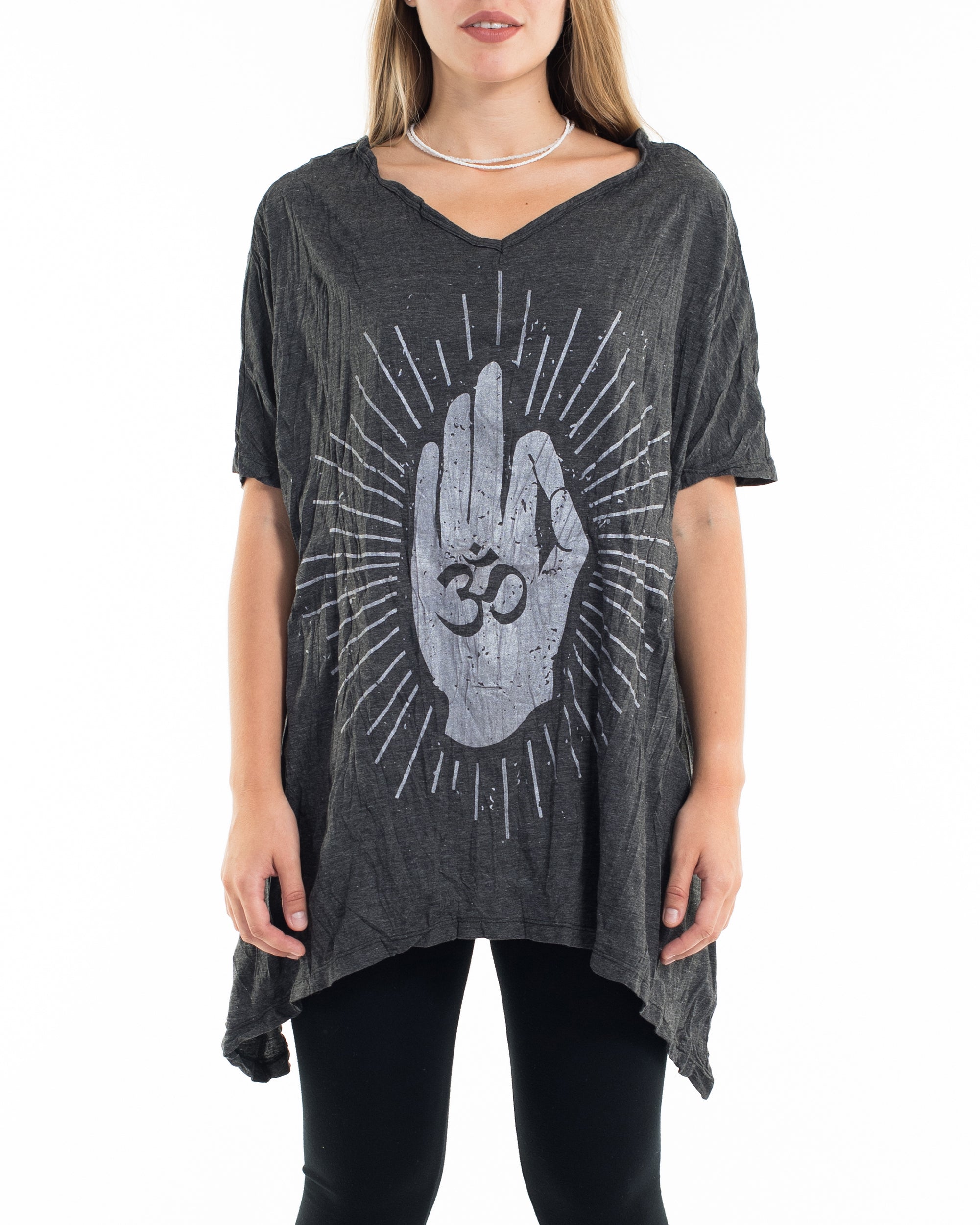 Sure Design Women's Hand of Om Loose V Neck T-Shirt in Silver on Black