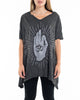 Sure Design Women's Hand of Om Loose V Neck T-Shirt in Silver on Black