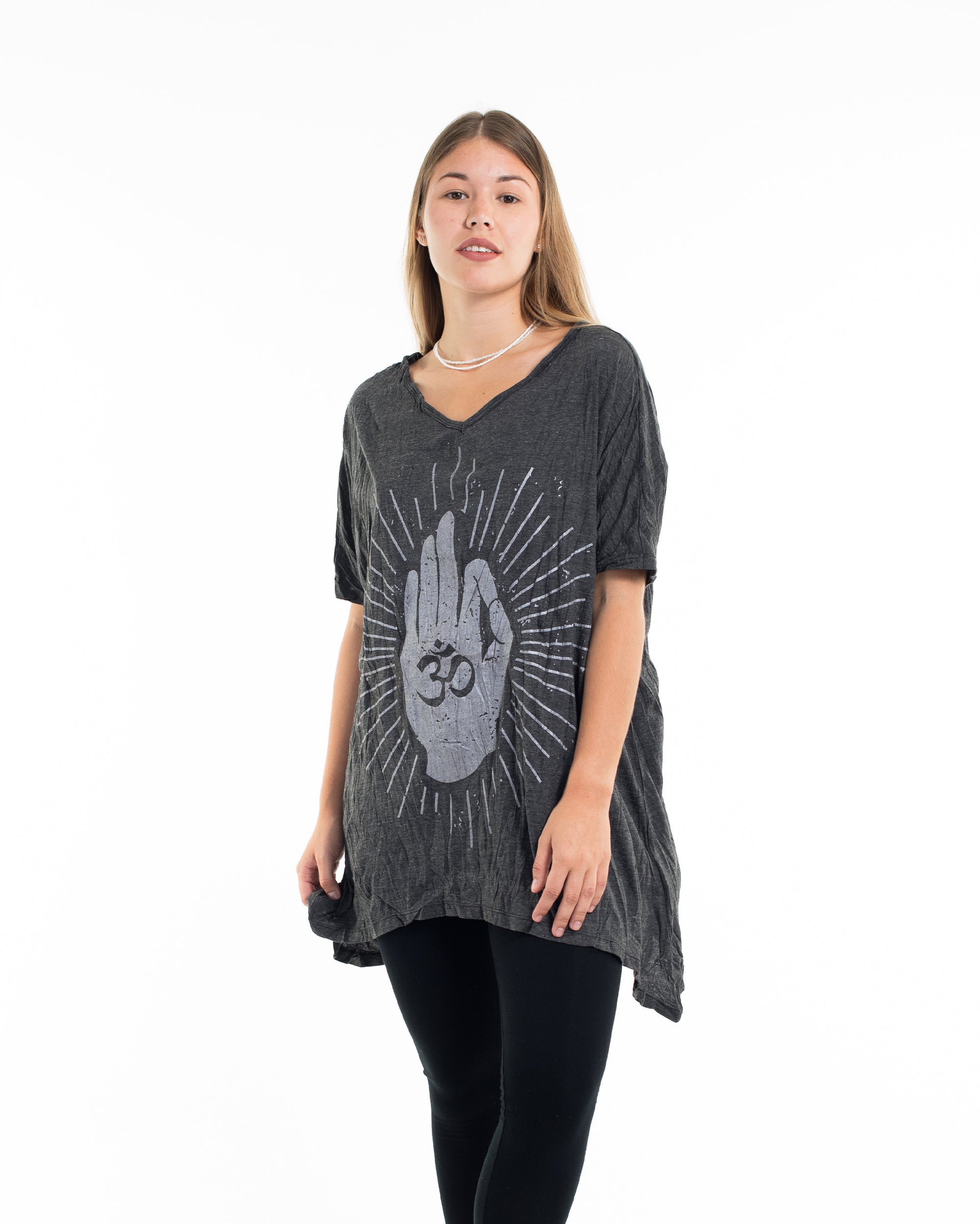 Sure Design Women's Hand of Om Loose V Neck T-Shirt in Silver on Black