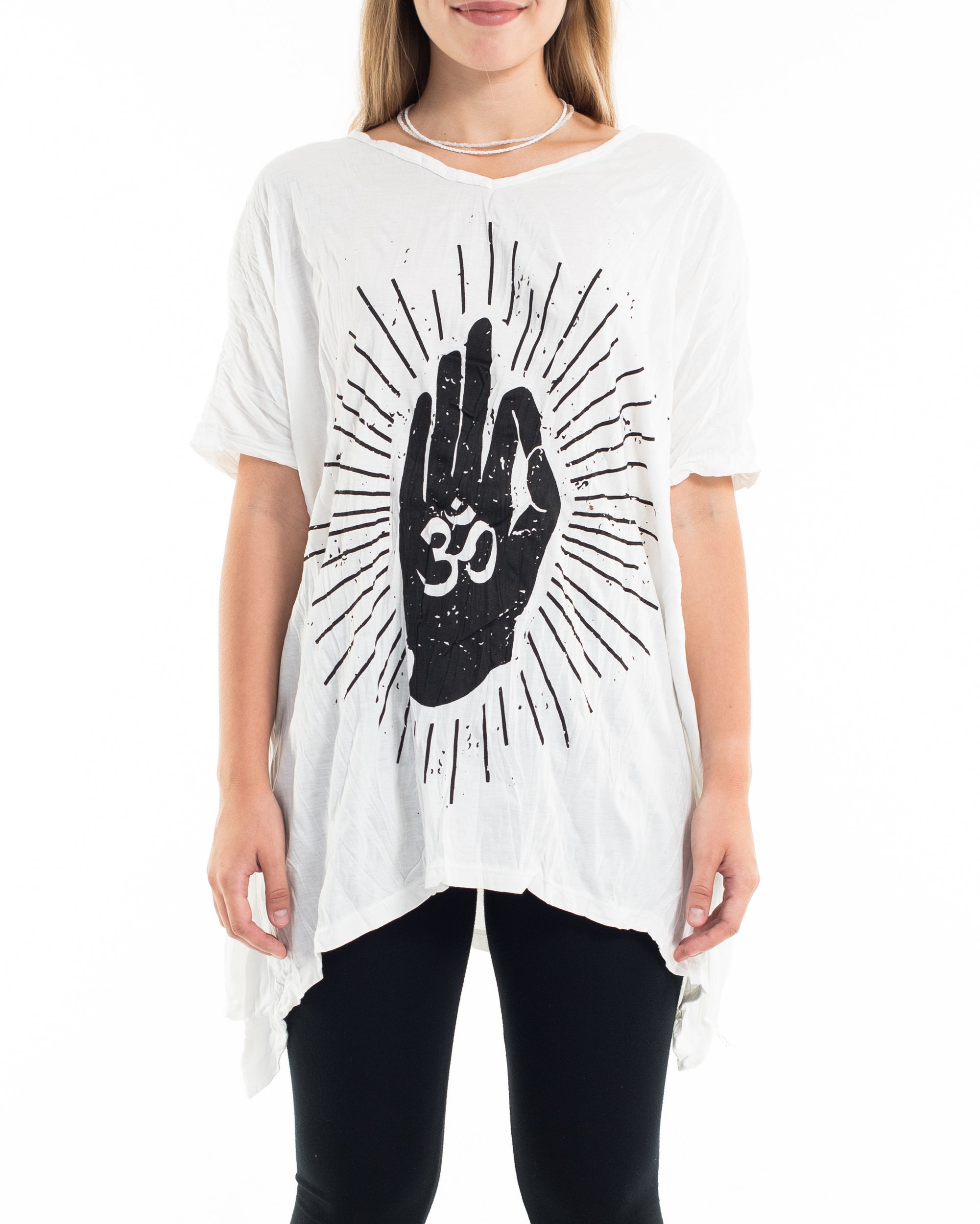 Sure Design Women's Hand of Om Loose V Neck T-Shirt in White