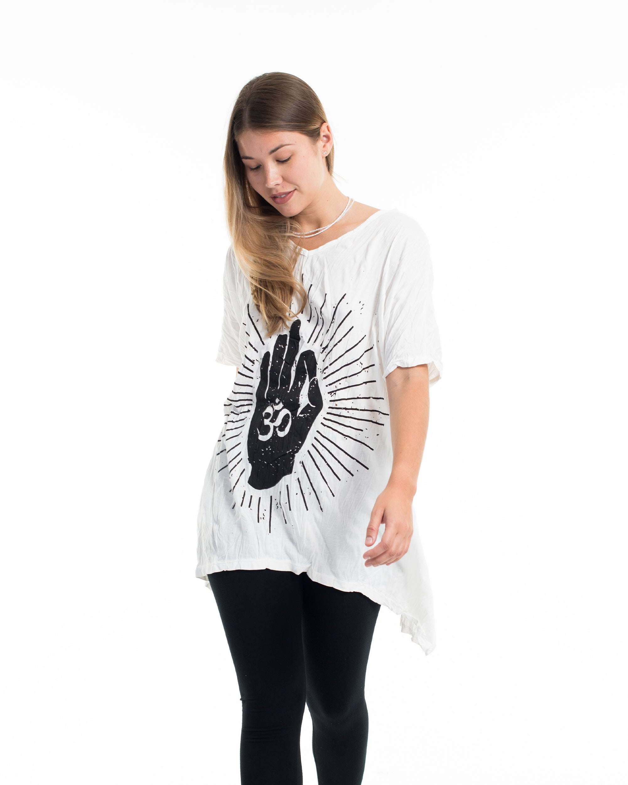 Sure Design Women's Hand of Om Loose V Neck T-Shirt in White