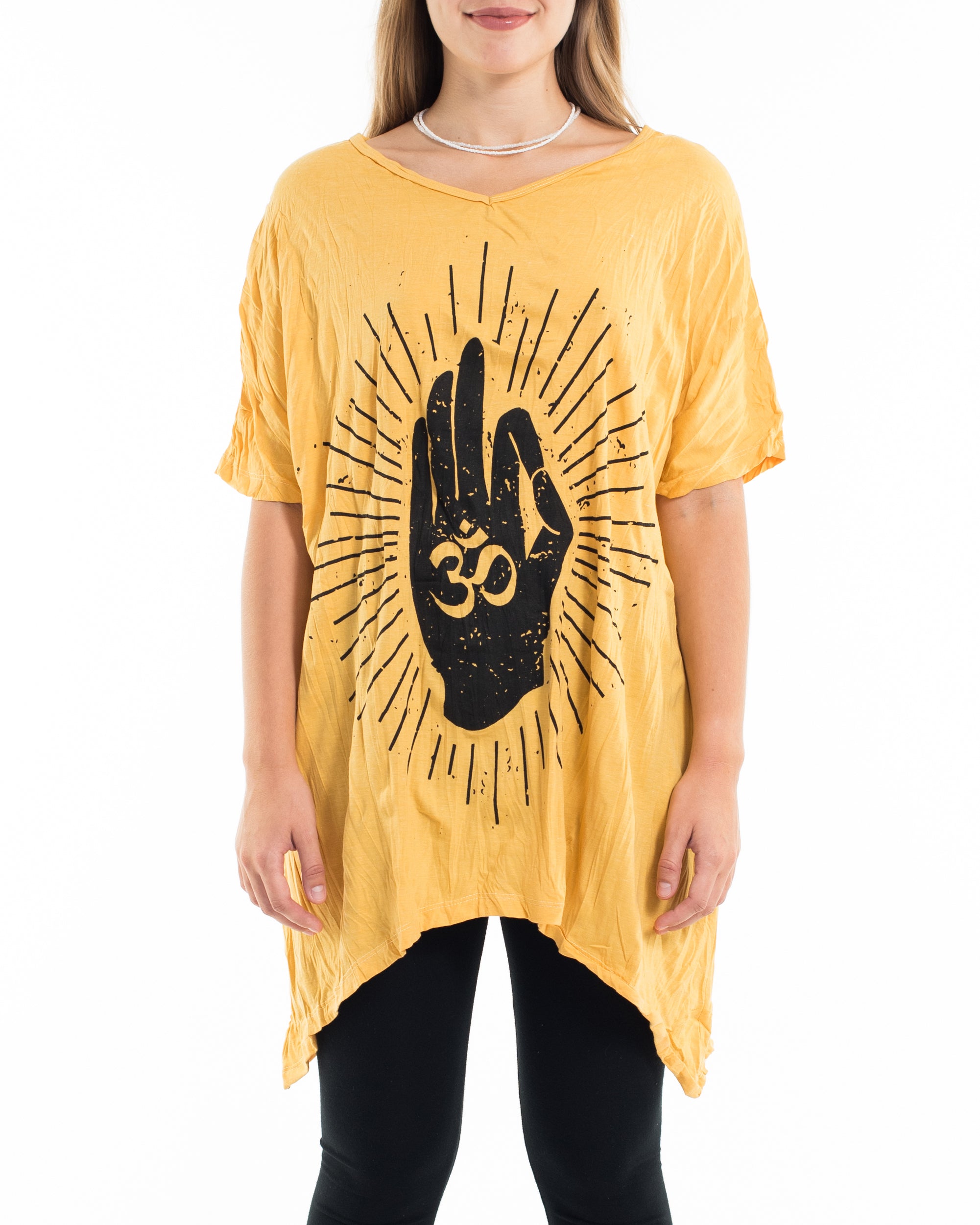 Sure Design Women's Hand of Om Loose V Neck T-Shirt in Yellow
