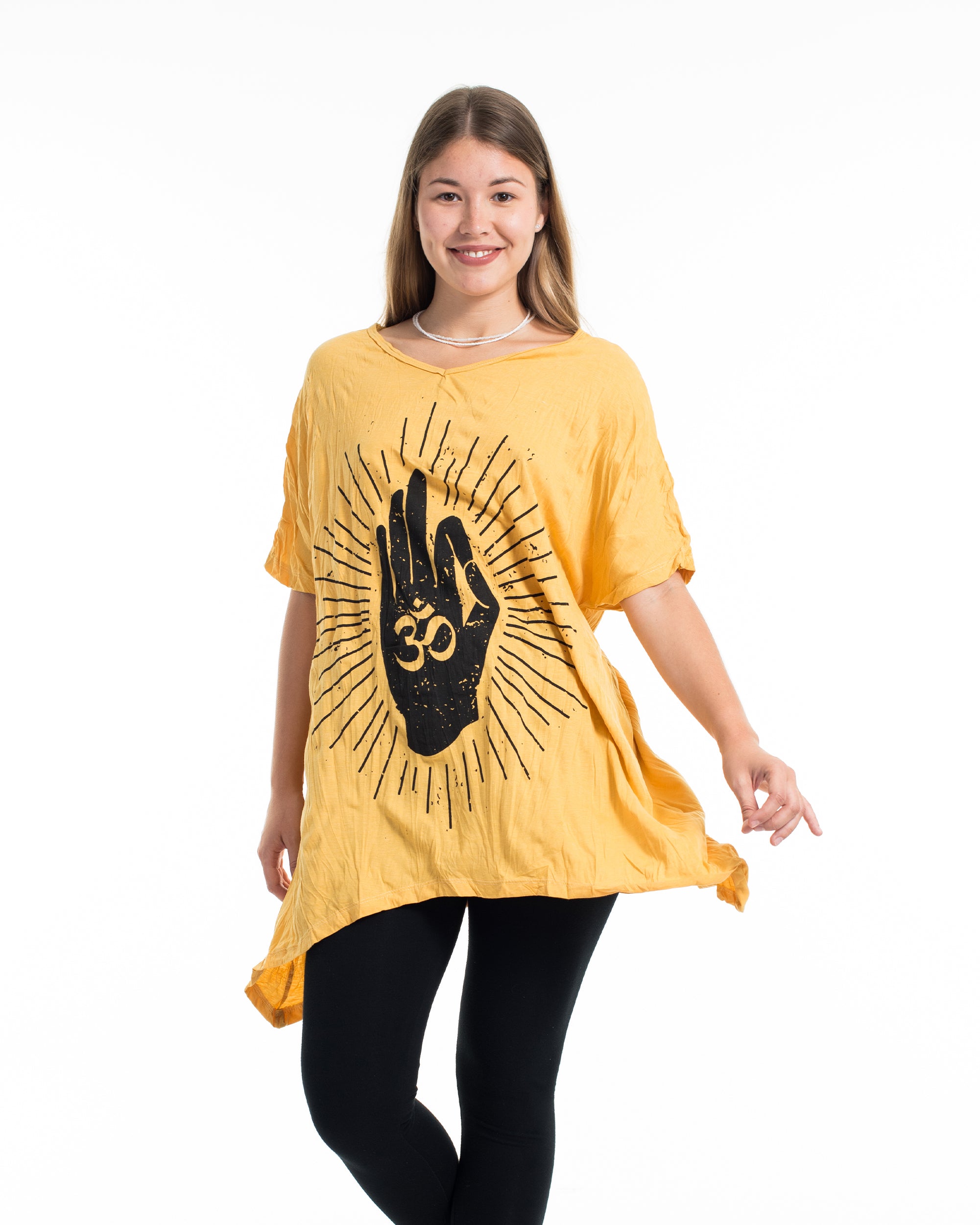 Sure Design Women's Hand of Om Loose V Neck T-Shirt in Yellow