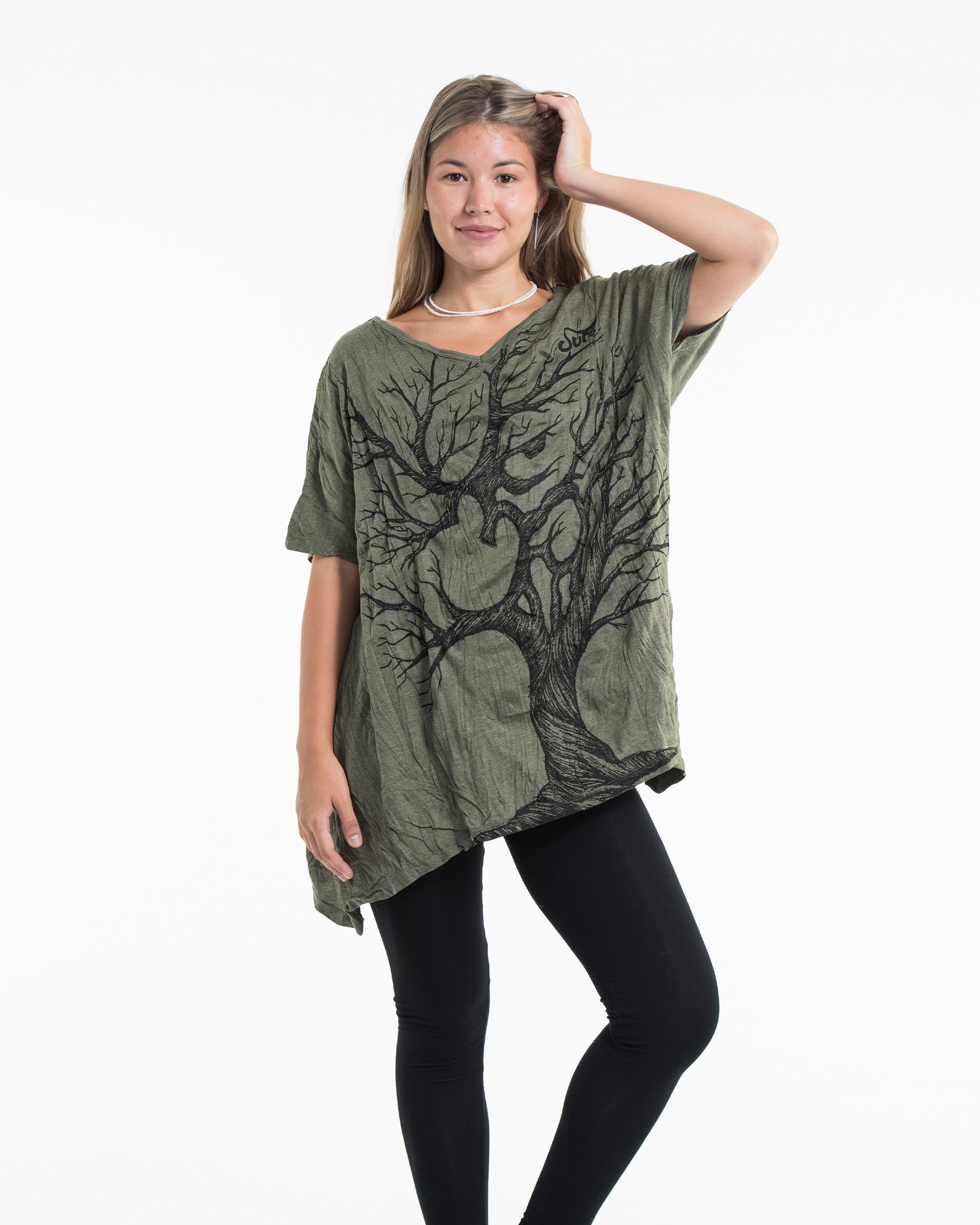 Sure Design Women's Om Tree Loose V Neck T-Shirt Green