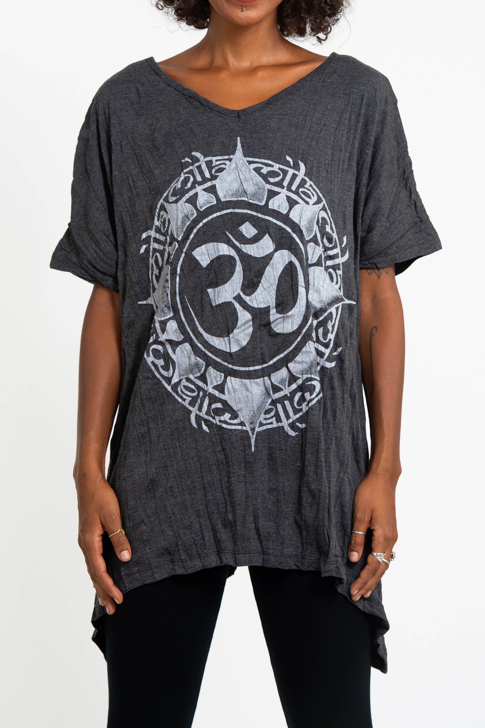 Sure Design Women's Infinitee Om Loose V Neck T-Shirt Silver on Black