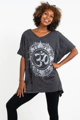 Sure Design Women's Infinitee Om Loose V Neck T-Shirt Silver on Black