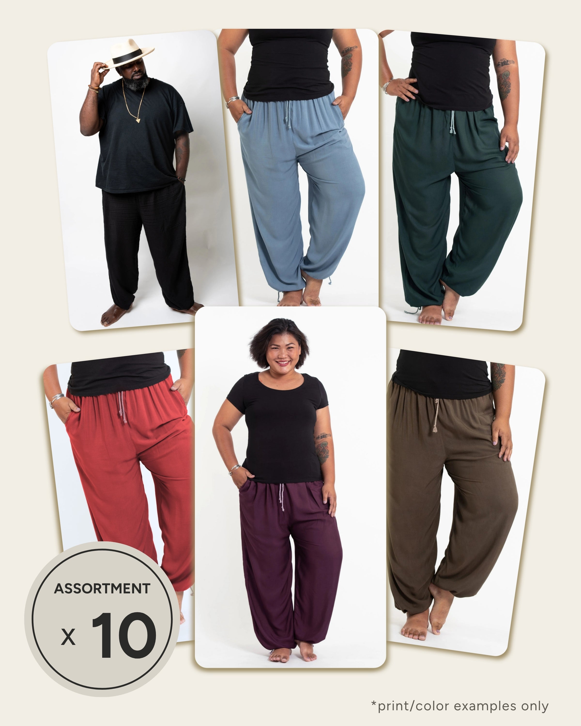 Assorted set of 10 Unisex Plus Size Solid Color Drawstring Yoga Massage Pants