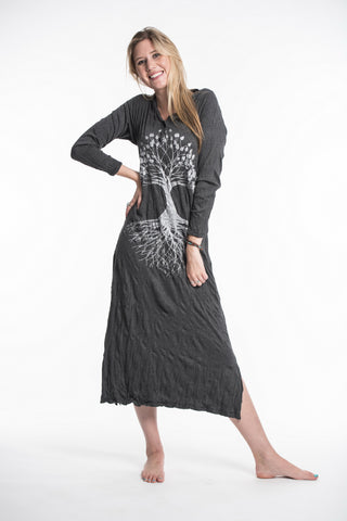 Sure Design Womens Tree Of Life Long Sleeve Hoodie Dress Silver on Black