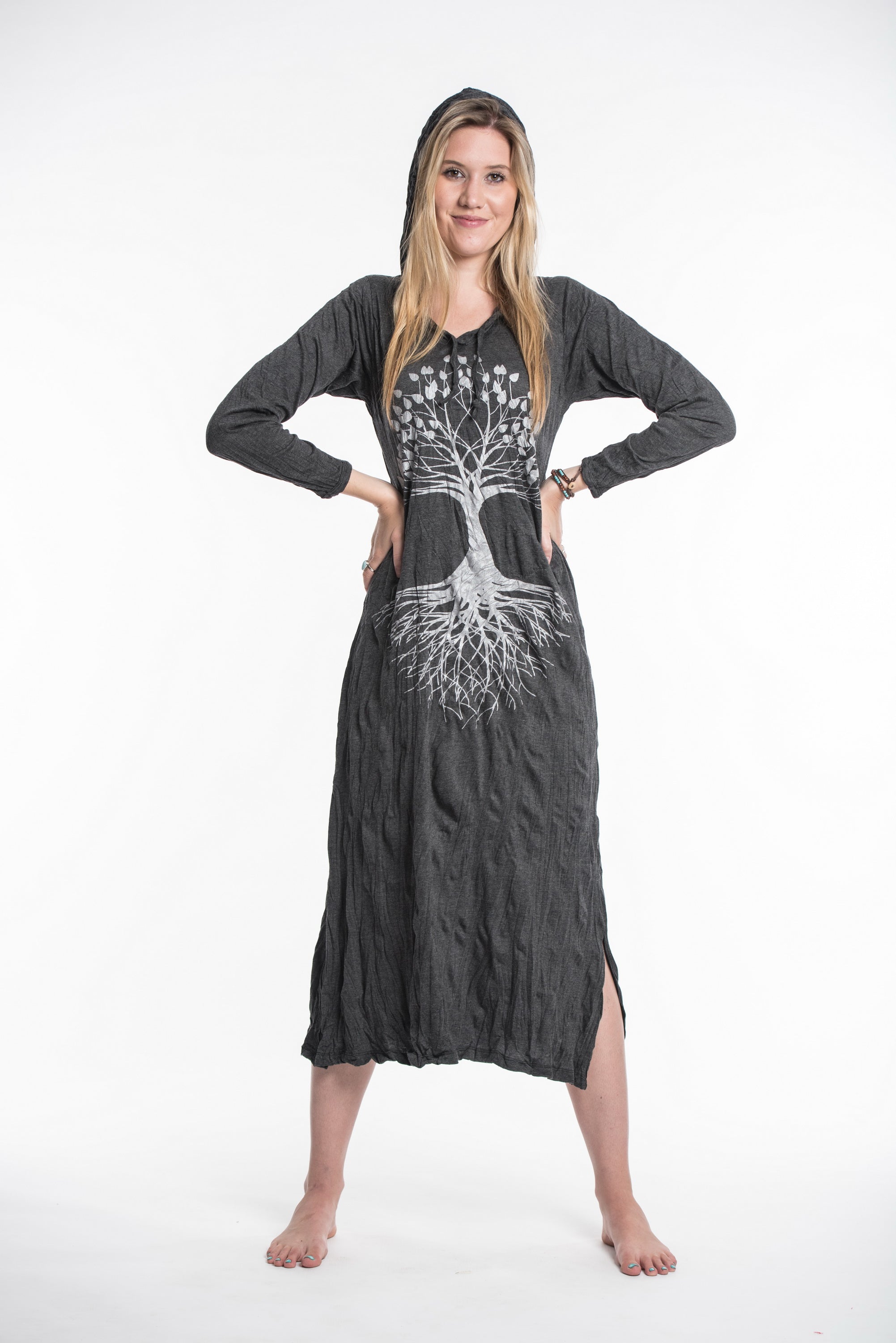 Sure Design Womens Tree Of Life Long Sleeve Hoodie Dress Silver on Black