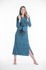 Sure Design Womens Tree Of Life Long Sleeve Hoodie Dress Denim Blue