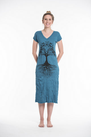 Sure Design Womens Tree Of Life V Neck Tee Dress Denim Blue
