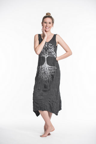 Sure Design Womens Tree Of Life Scoop Neck Tank Dress Silver on Black